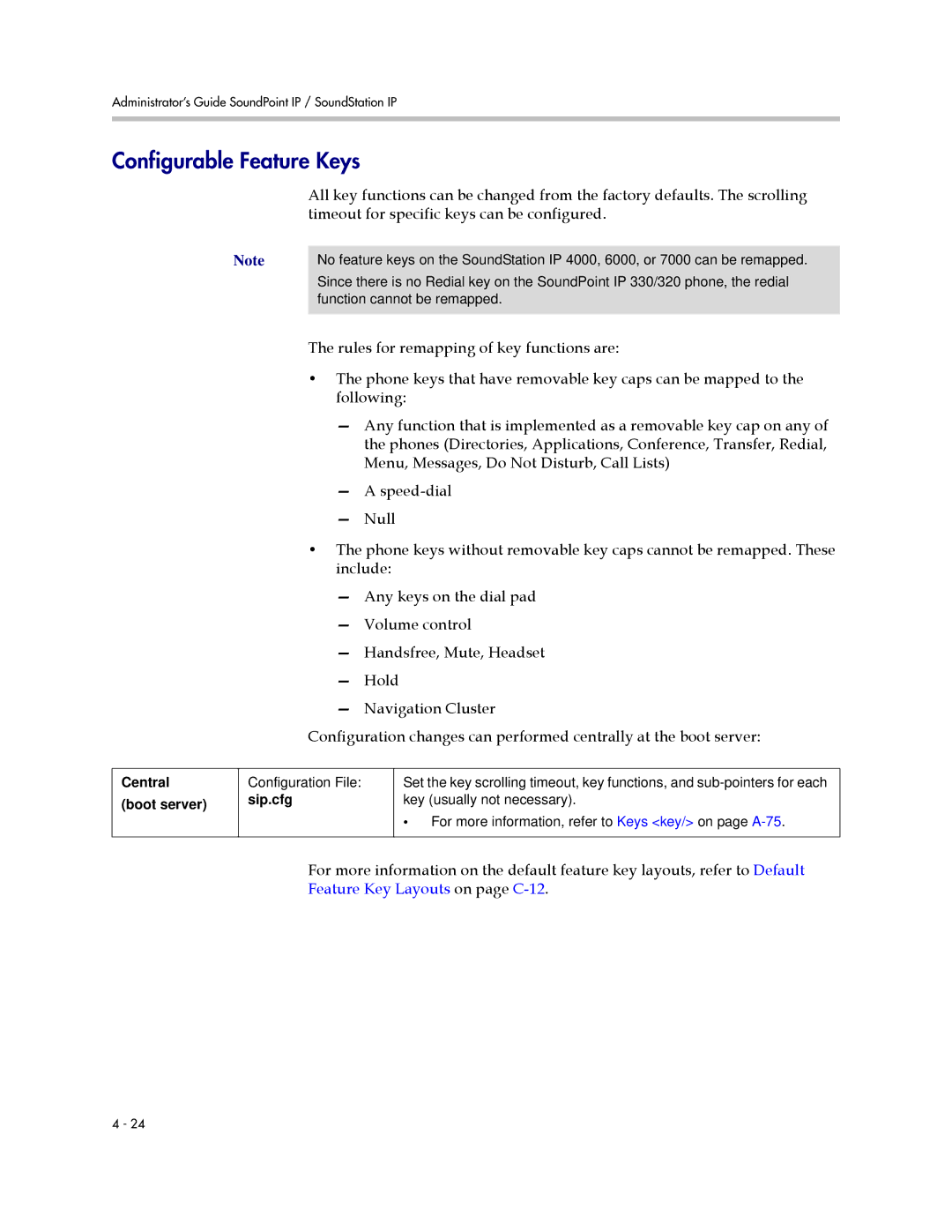 Polycom SIP 3.1 manual Configurable Feature Keys, Feature Key Layouts on page C-12 