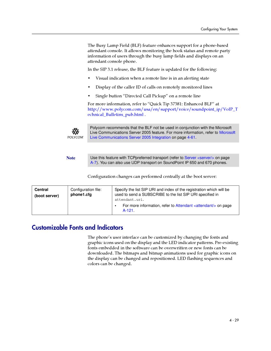 Polycom SIP 3.1 manual Customizable Fonts and Indicators, EchnicalBulletinspub.html, Attendant.uri, 121 