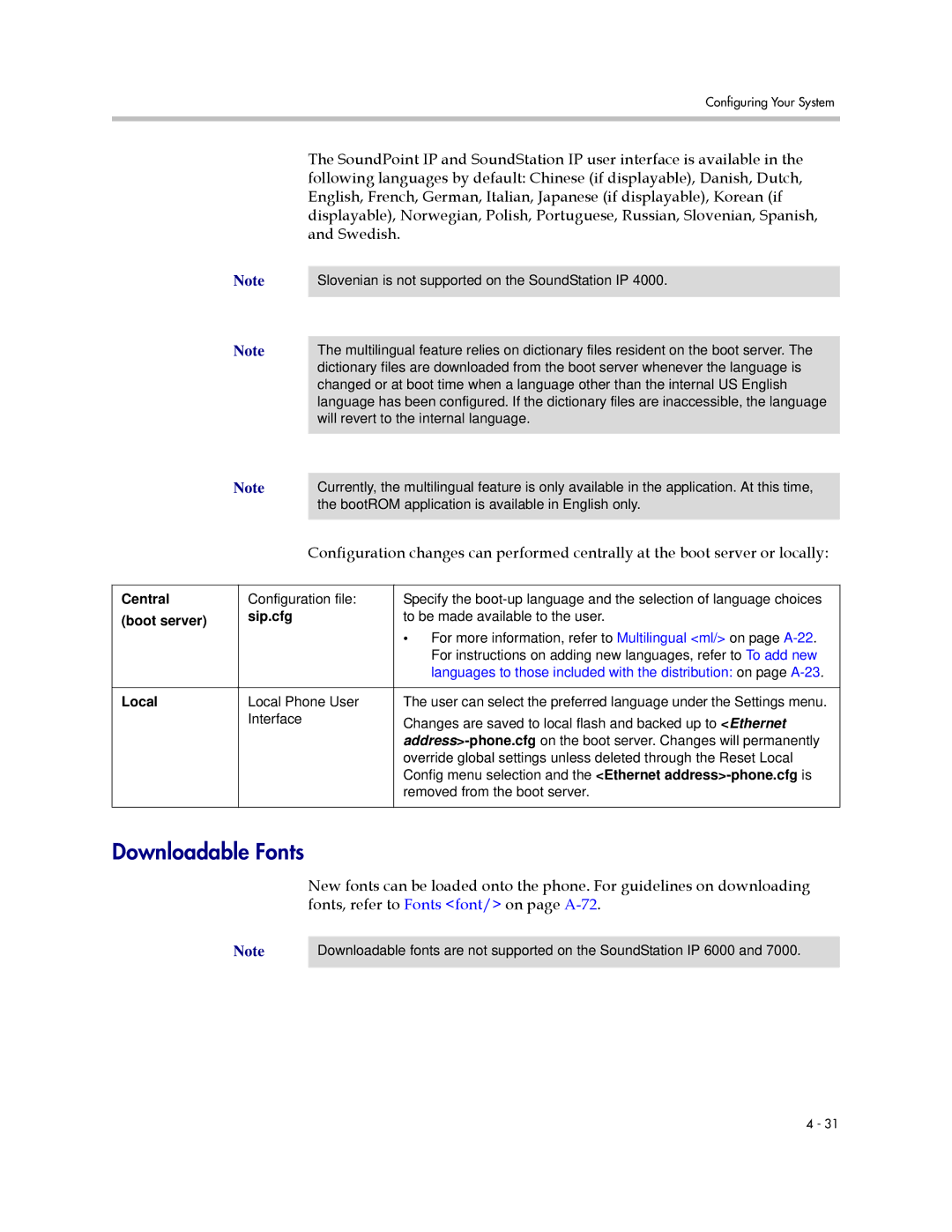 Polycom SIP 3.1 manual Swedish, Fonts, refer to Fonts font/ on page A-72 