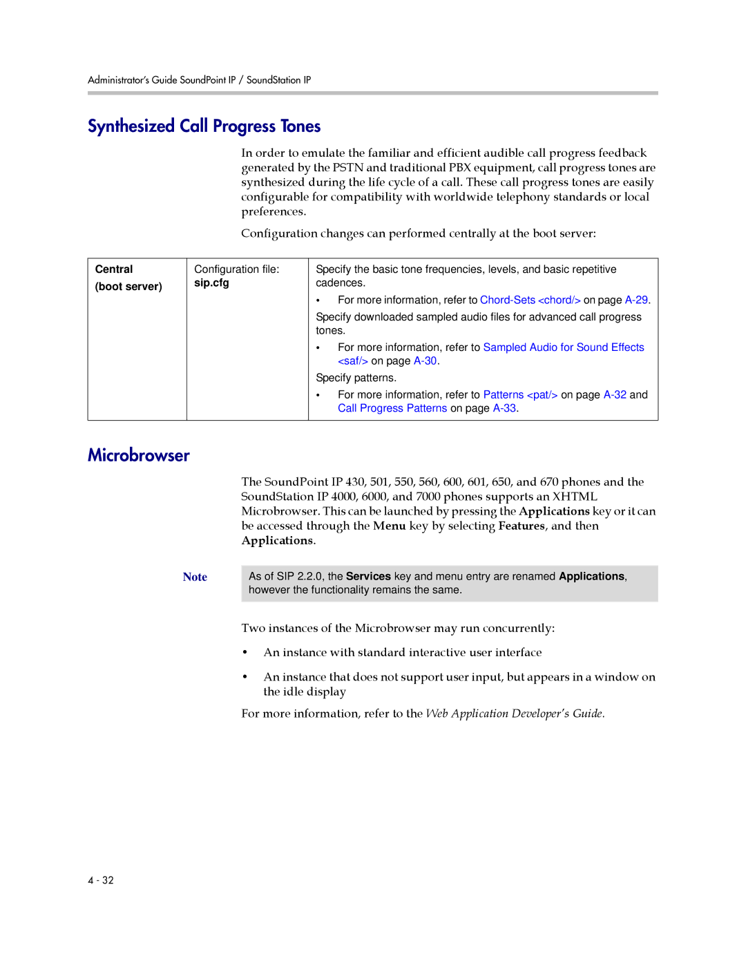 Polycom SIP 3.1 Synthesized Call Progress Tones, Microbrowser, Saf/ on page A-30, Call Progress Patterns on page A-33 