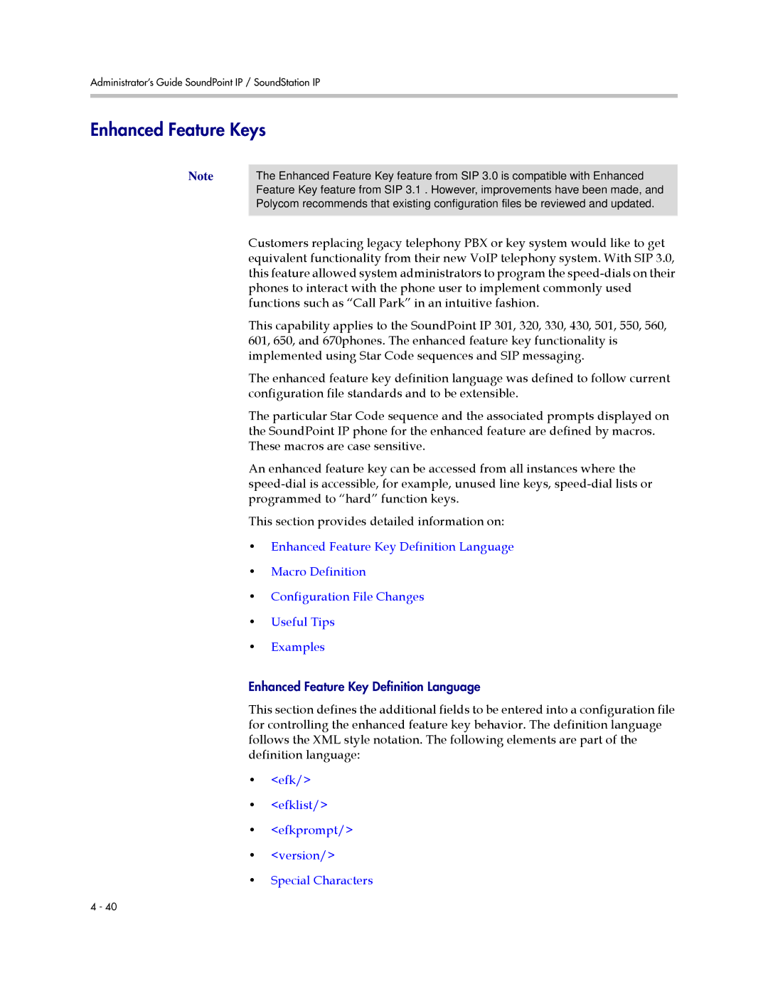 Polycom SIP 3.1 manual Enhanced Feature Keys, Efk Efklist Efkprompt Version Special Characters 