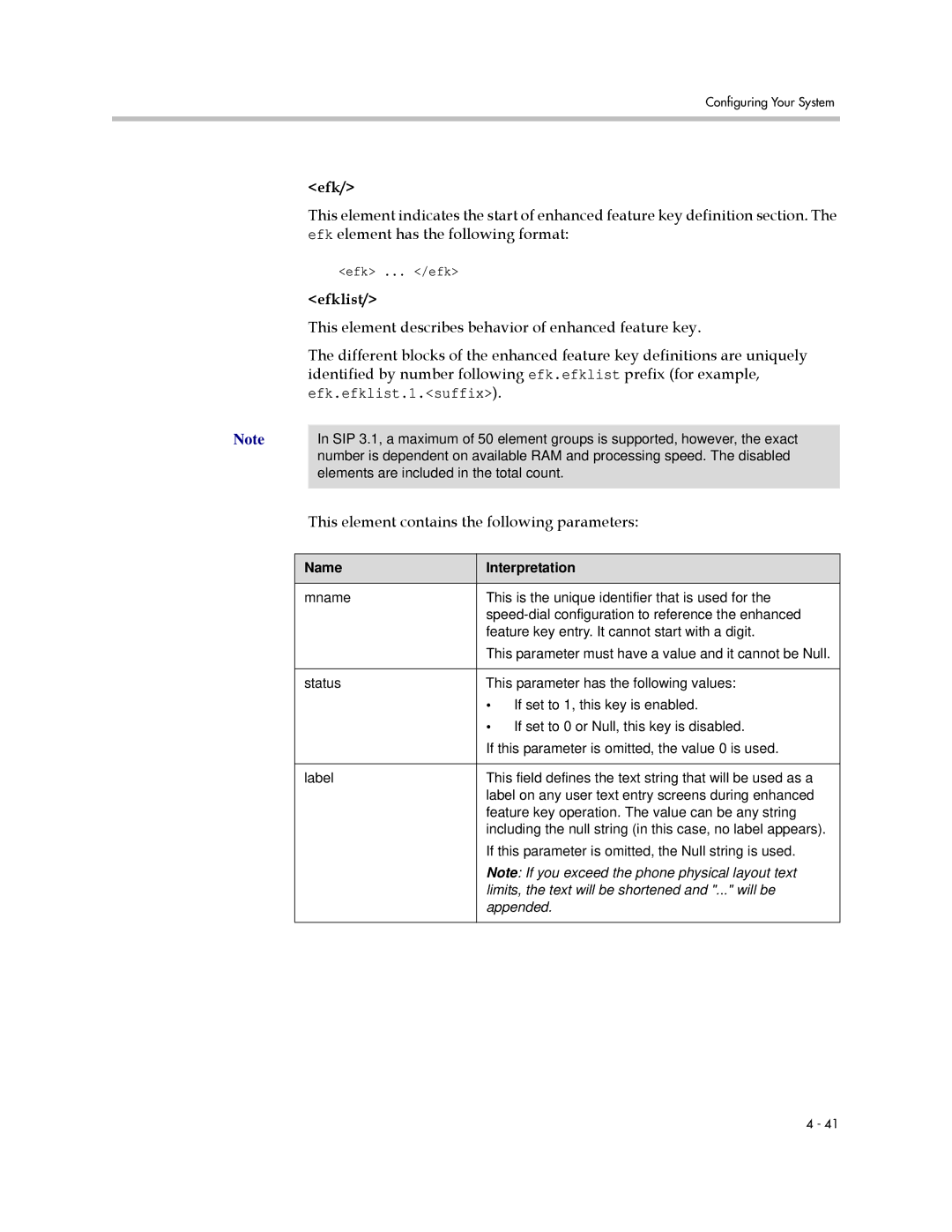 Polycom SIP 3.1 manual Efklist, This element describes behavior of enhanced feature key, Name Interpretation 