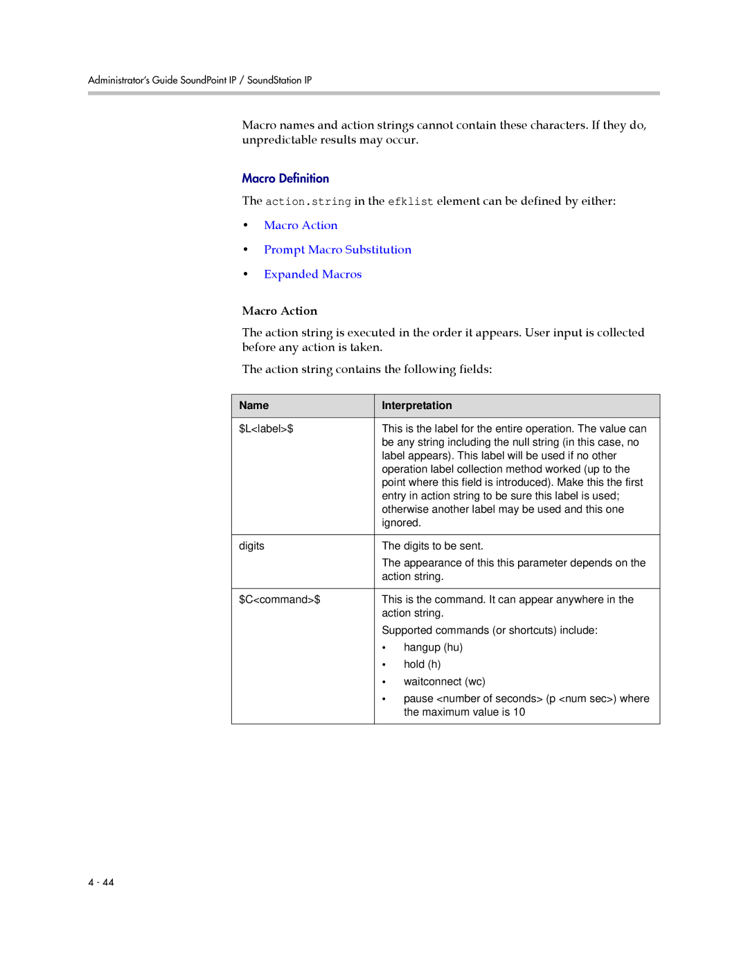 Polycom SIP 3.1 manual Macro Action Prompt Macro Substitution Expanded Macros 