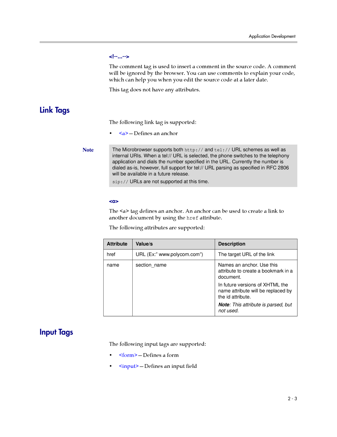 Polycom SIP 3.1 Link Tags, Input Tags, Following link tag is supported, Defines an anchor, Attribute Value/s Description 