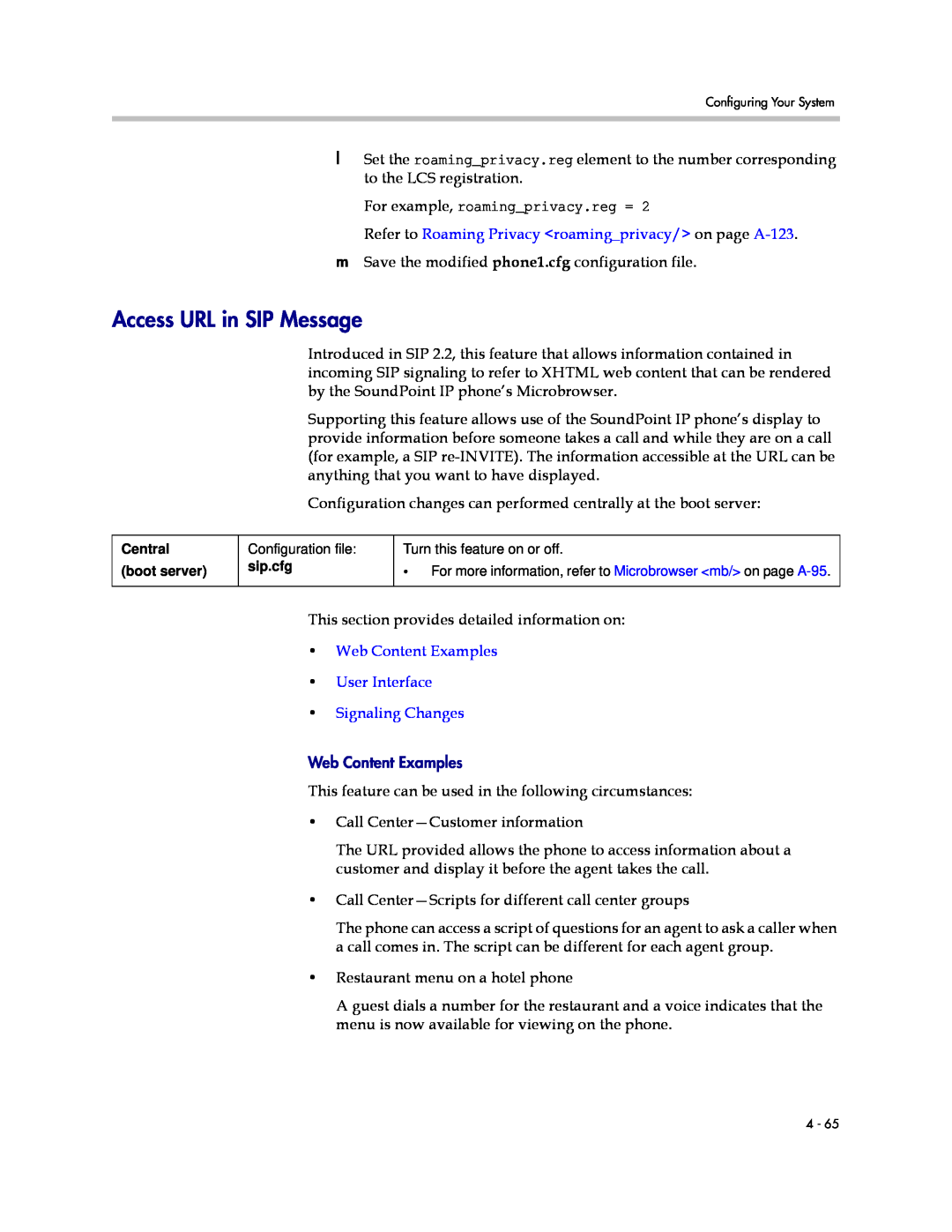 Polycom SIP 3.1 manual Access URL in SIP Message, Web Content Examples User Interface Signaling Changes 