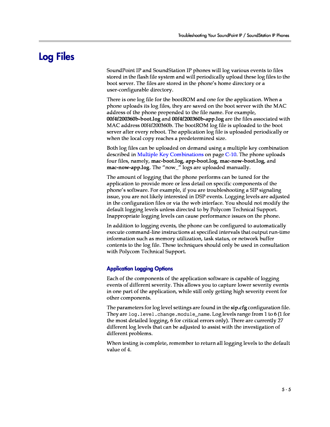 Polycom SIP 3.1 manual Log Files, Application Logging Options 