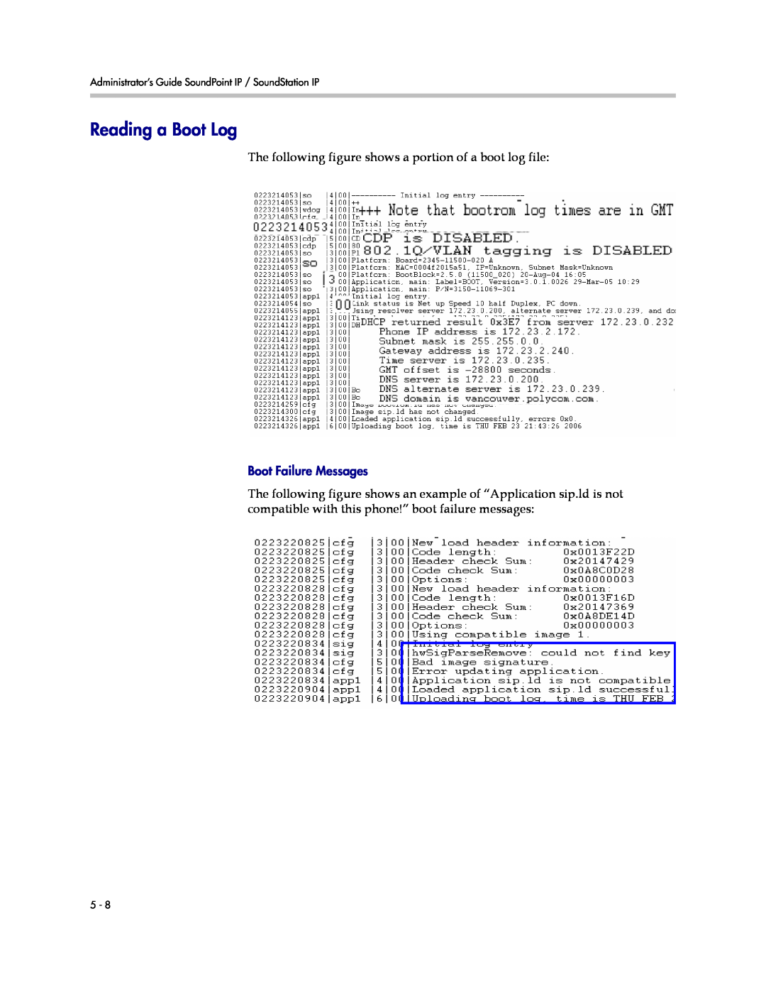Polycom SIP 3.1 manual Reading a Boot Log, Boot Failure Messages, The following figure shows a portion of a boot log file 