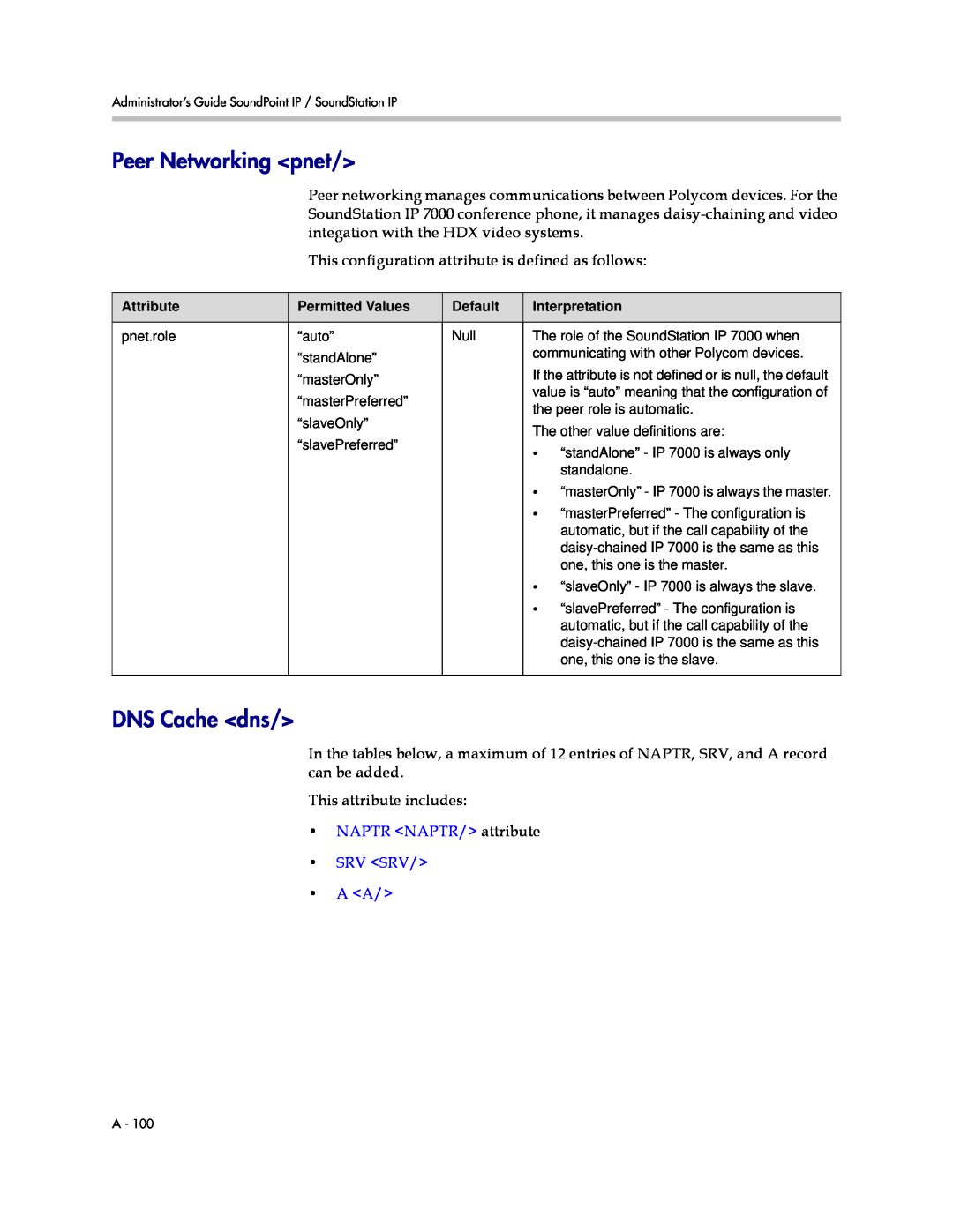 Polycom SIP 3.1 manual Peer Networking pnet, DNS Cache dns, NAPTR NAPTR/ attribute SRV SRV A A 