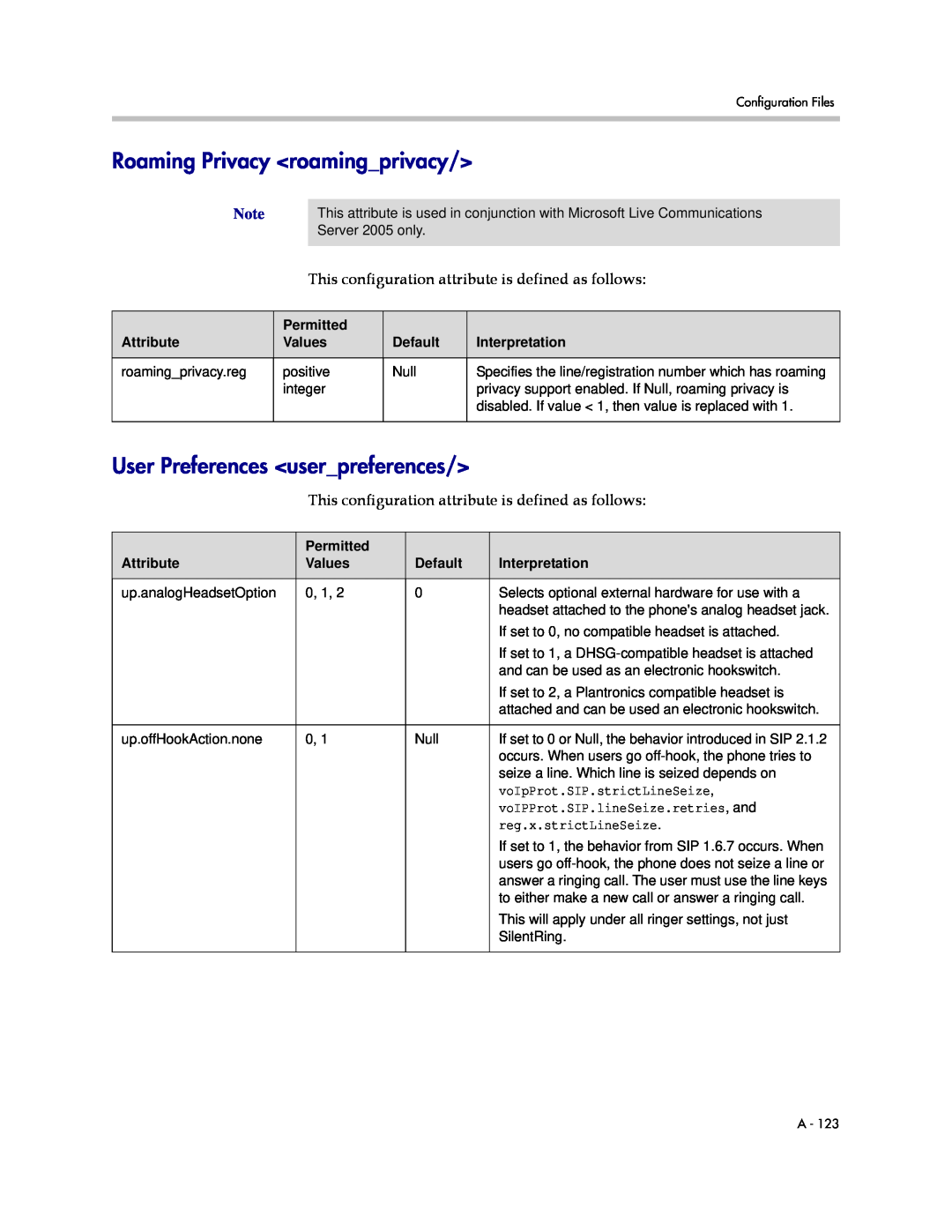 Polycom SIP 3.1 manual Roaming Privacy roamingprivacy, User Preferences userpreferences, voIpProt.SIP.strictLineSeize 