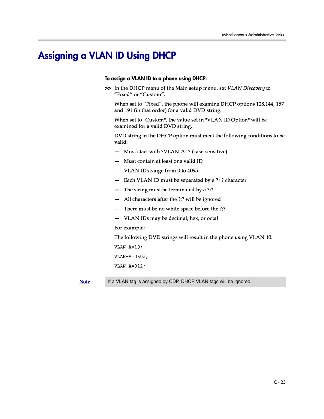 Polycom SIP 3.1 manual Assigning a VLAN ID Using DHCP 
