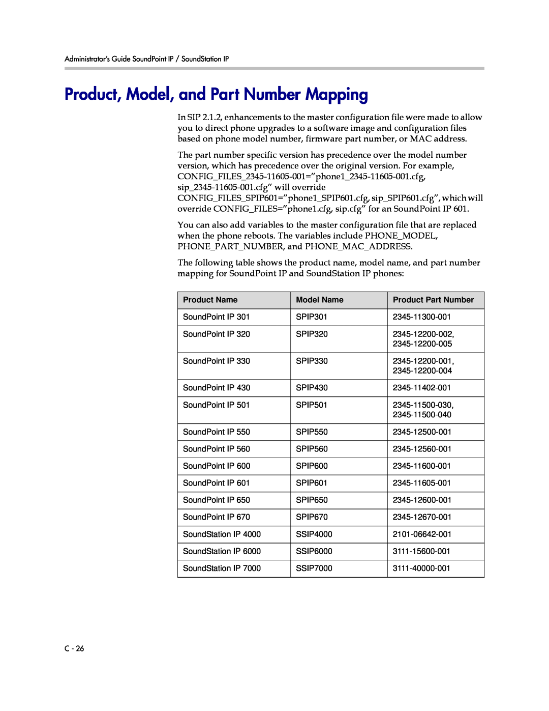 Polycom SIP 3.1 manual Product, Model, and Part Number Mapping, Product Name, Model Name, Product Part Number 