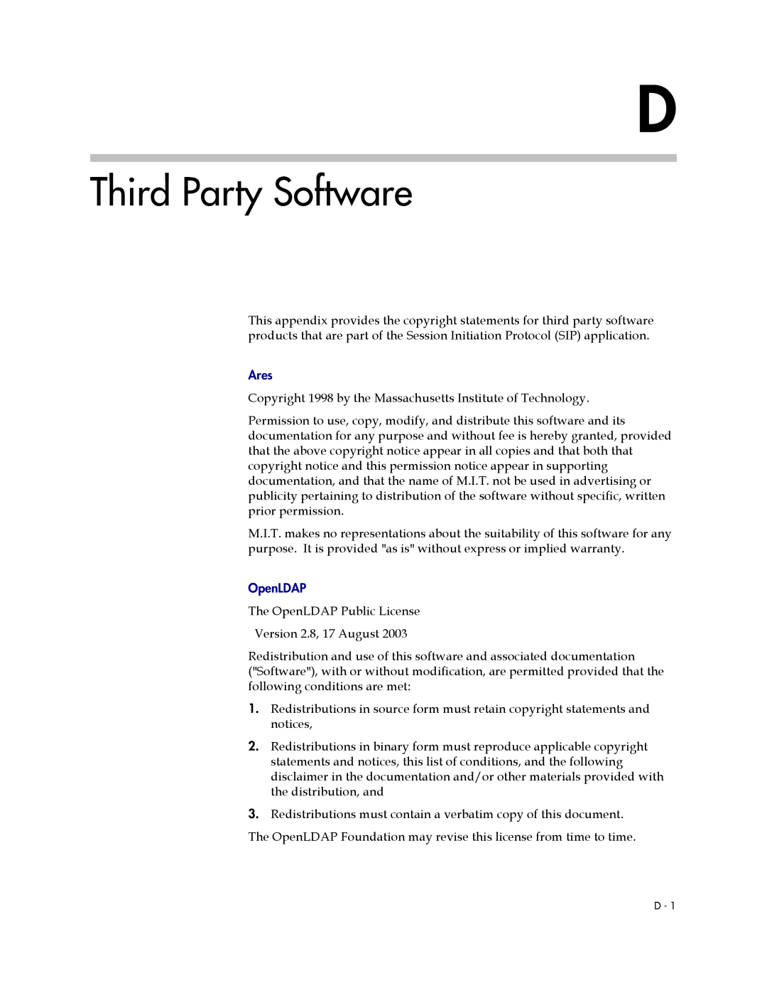 Polycom SIP 3.1 manual Third Party Software, Ares, OpenLDAP 