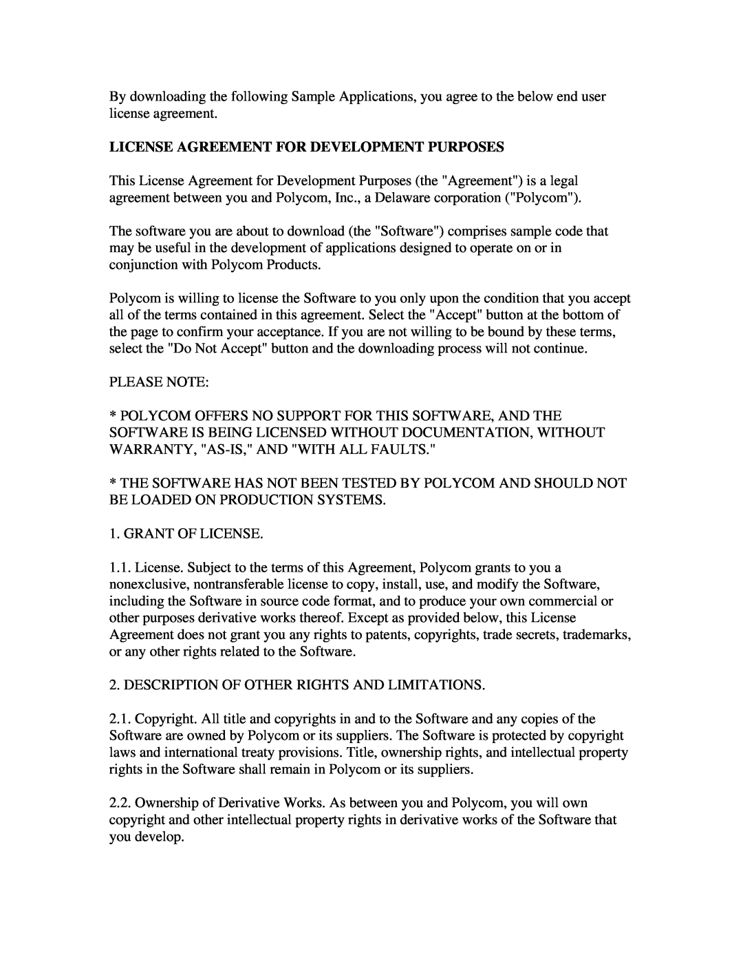 Polycom SIP 3.1 manual License Agreement For Development Purposes 