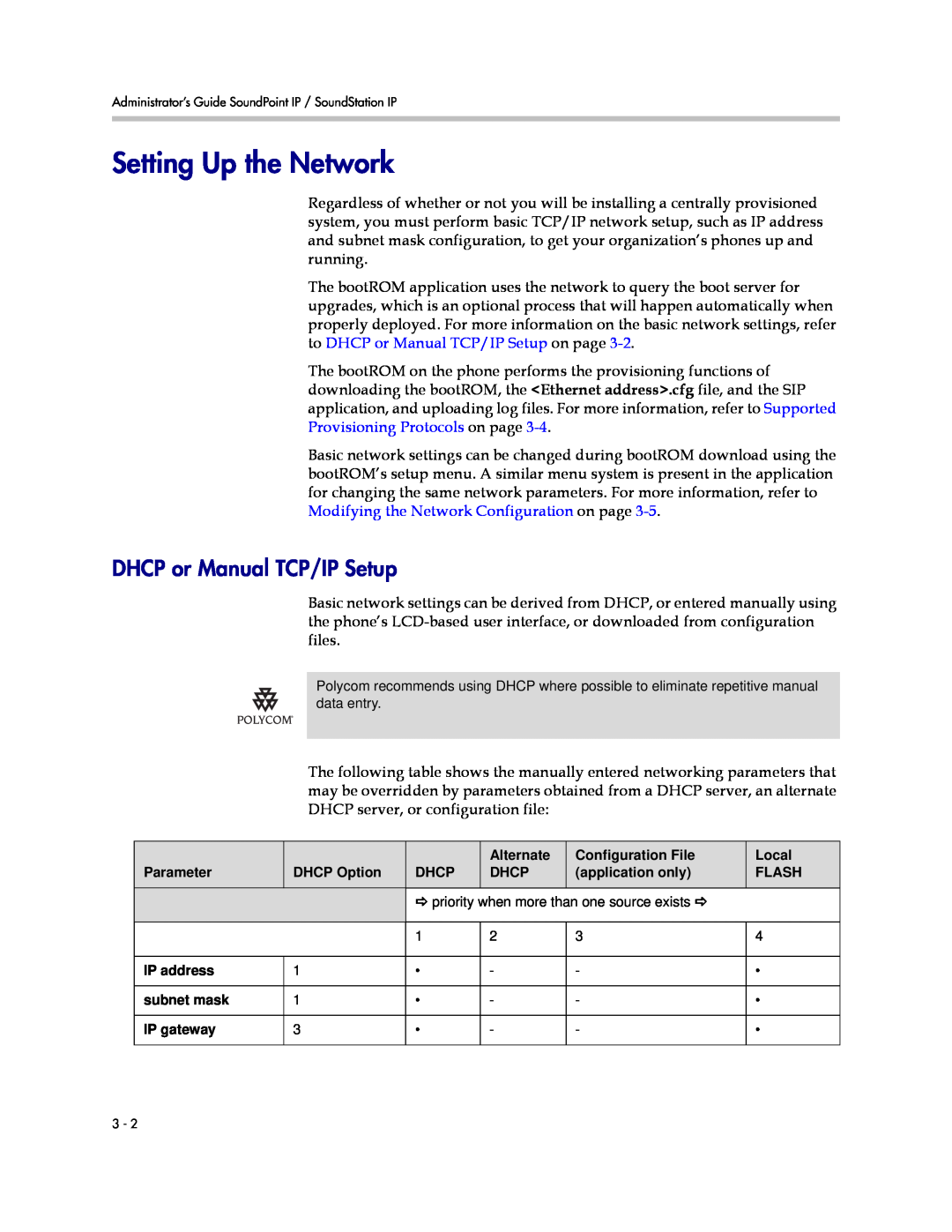 Polycom SIP 3.1 manual Setting Up the Network, DHCP or Manual TCP/IP Setup 