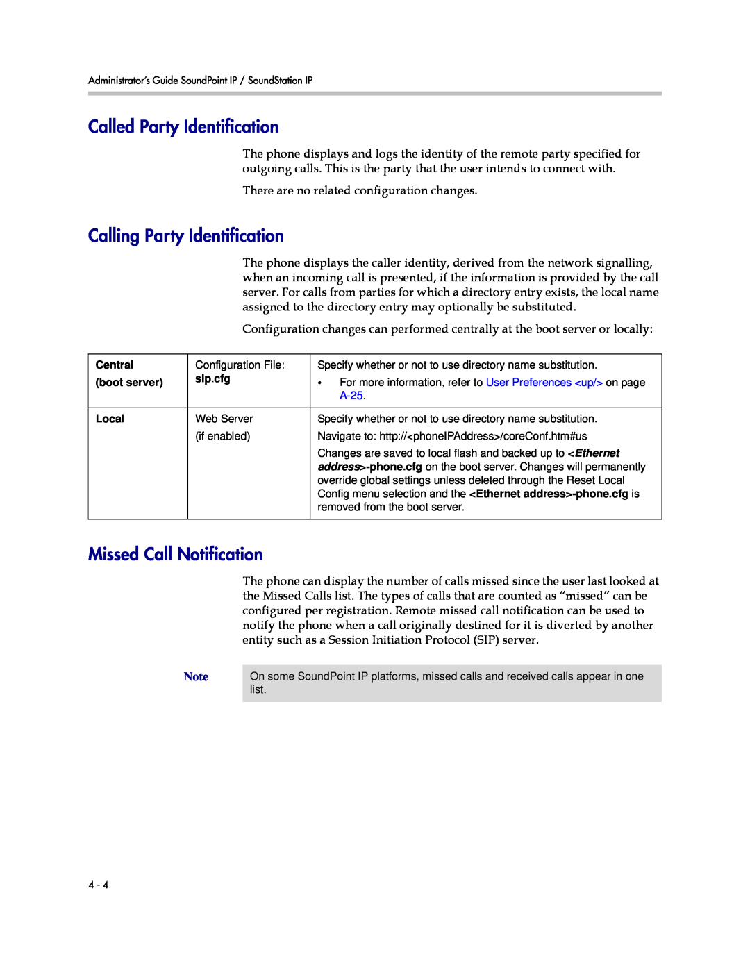 Polycom SIP 3.1 manual Called Party Identification, Calling Party Identification, Missed Call Notification, A-25 
