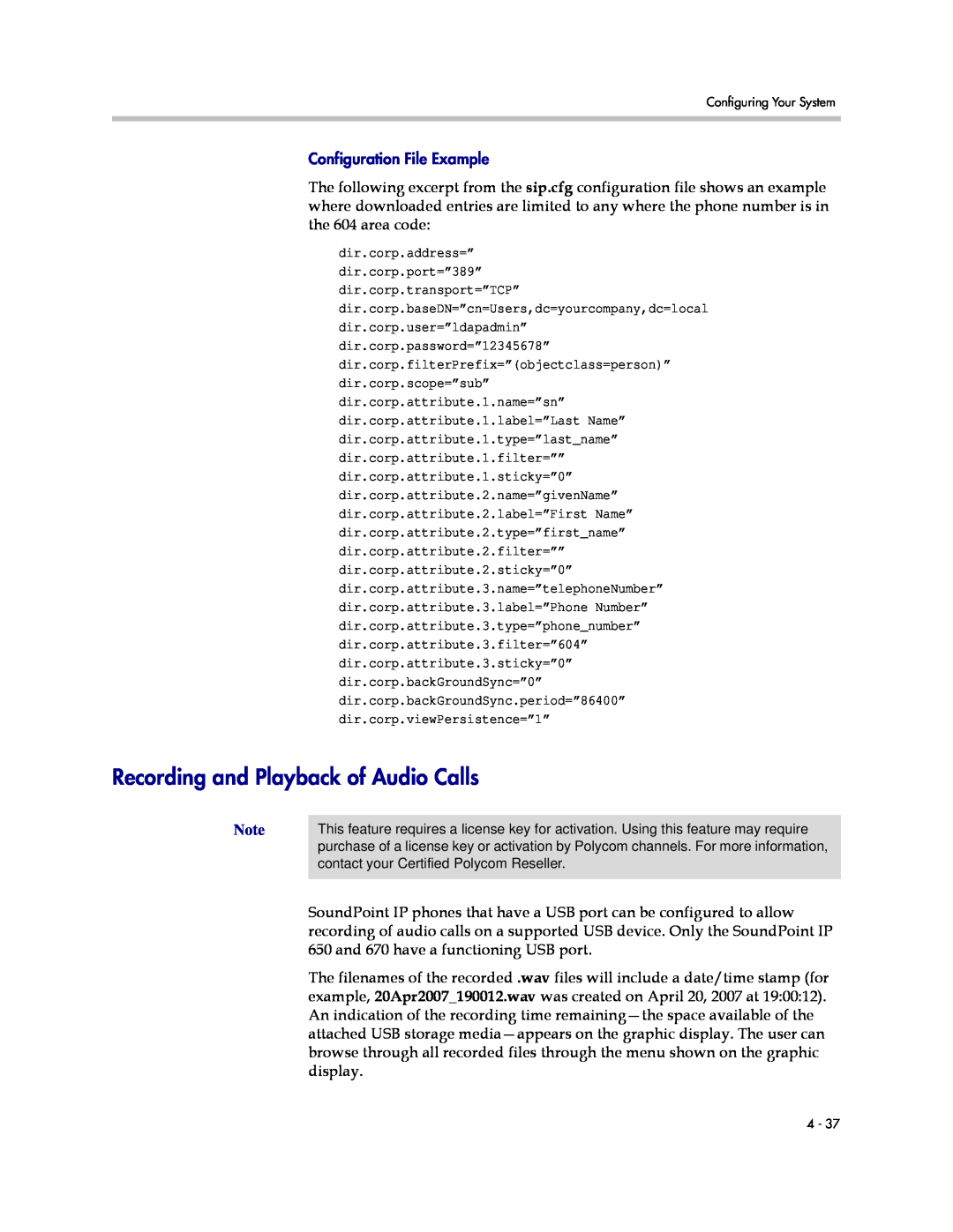 Polycom SIP 3.1 manual Recording and Playback of Audio Calls, Configuration File Example 