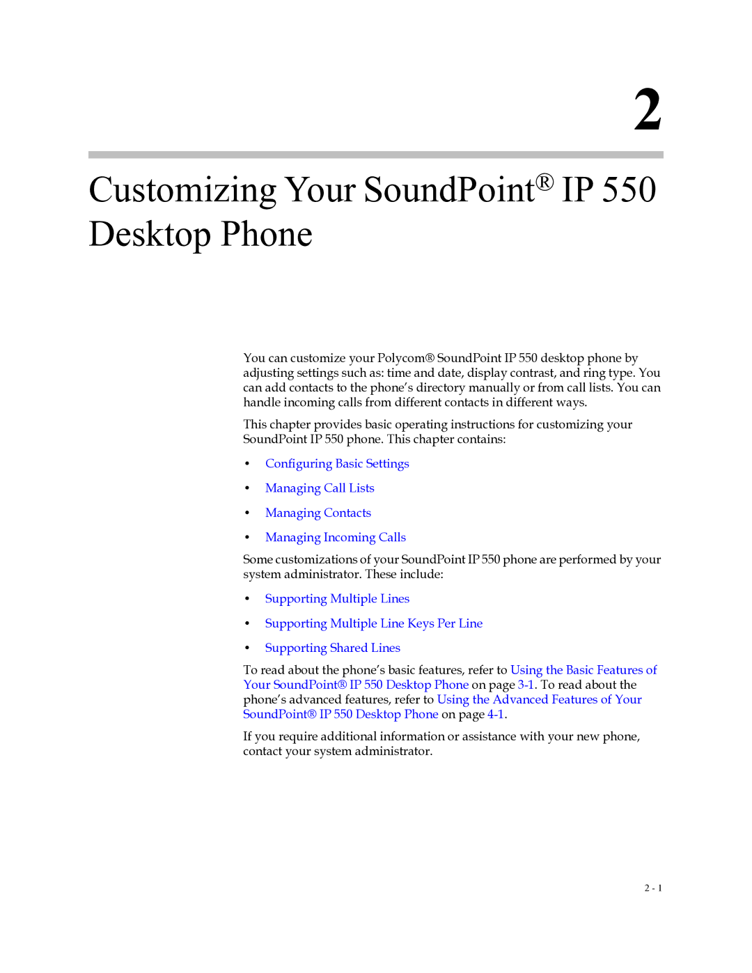 Polycom Soundpoint IP 550 manual Customizing Your SoundPoint IP 550 Desktop Phone 