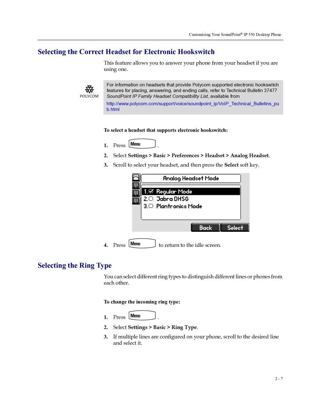 Polycom Soundpoint IP 550 manual Selecting the Correct Headset for Electronic Hookswitch, Selecting the Ring Type 