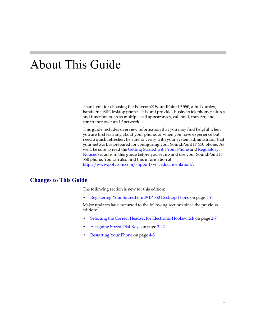 Polycom Soundpoint IP 550 manual About This Guide, Changes to This Guide 