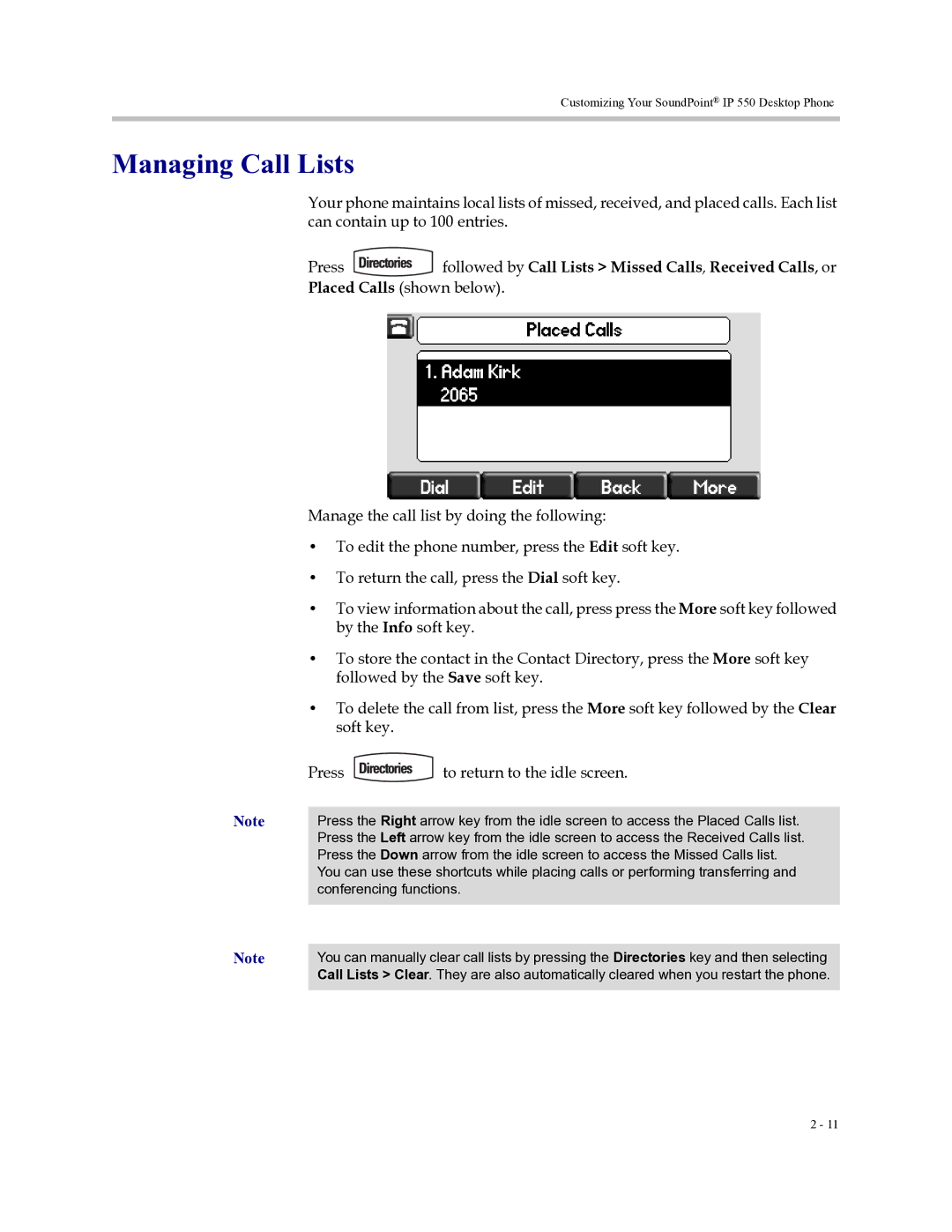 Polycom Soundpoint IP 550 manual Managing Call Lists 