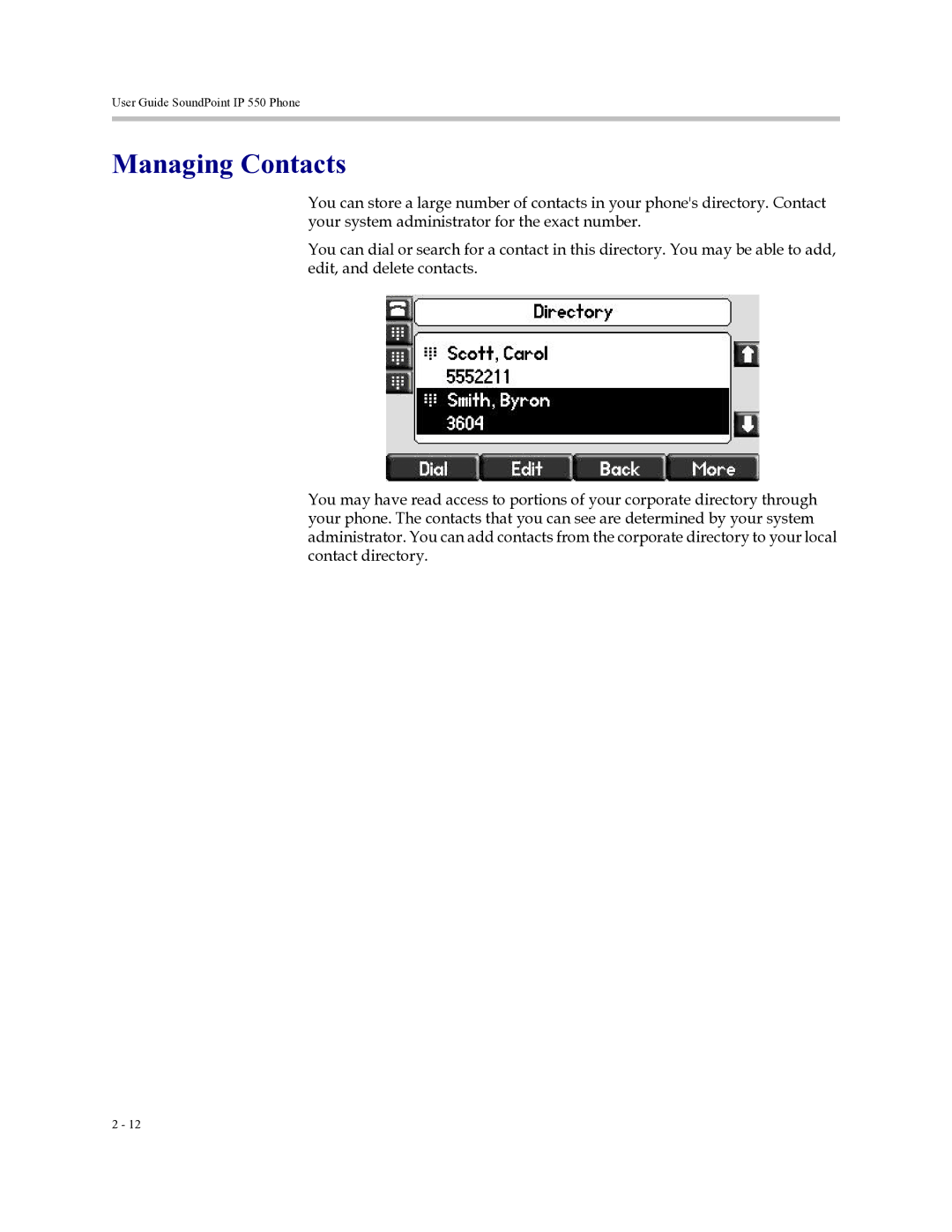 Polycom Soundpoint IP 550 manual Managing Contacts 