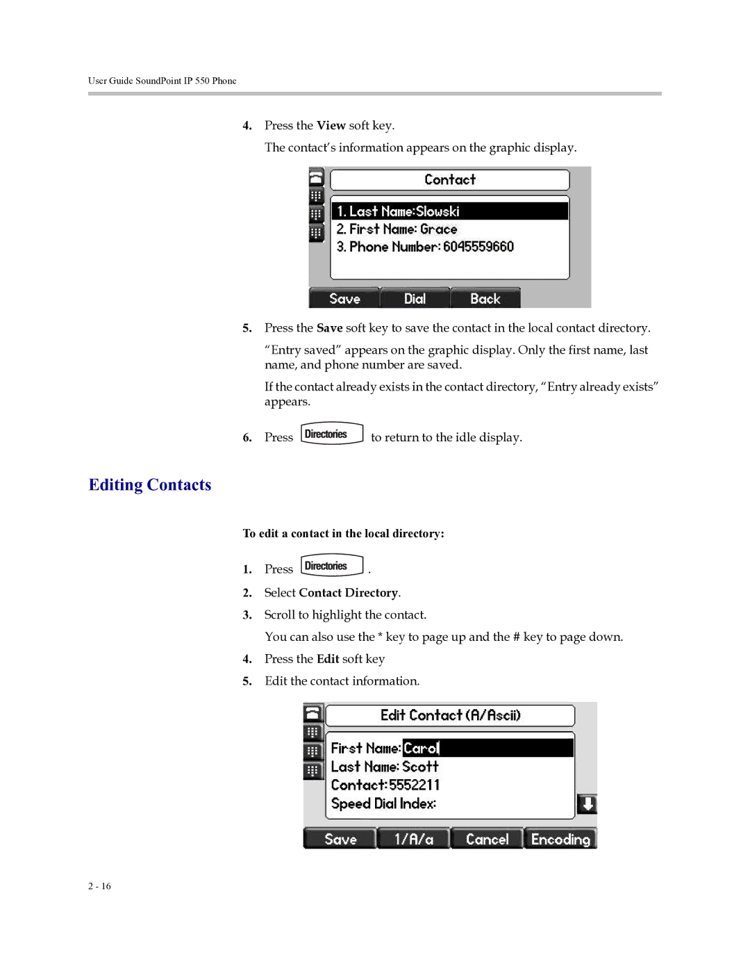 Polycom Soundpoint IP 550 manual Editing Contacts, To edit a contact in the local directory 