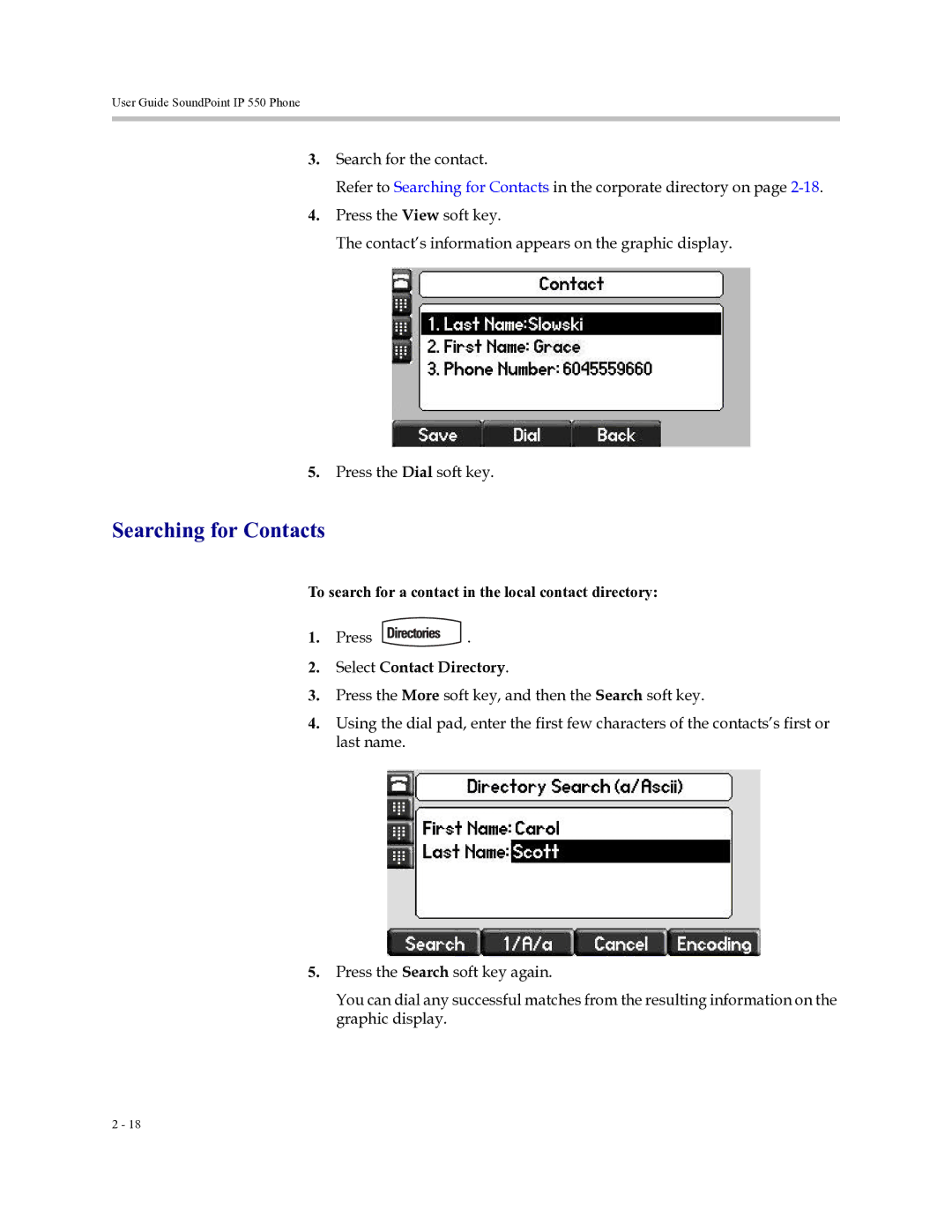 Polycom Soundpoint IP 550 manual Searching for Contacts, To search for a contact in the local contact directory 