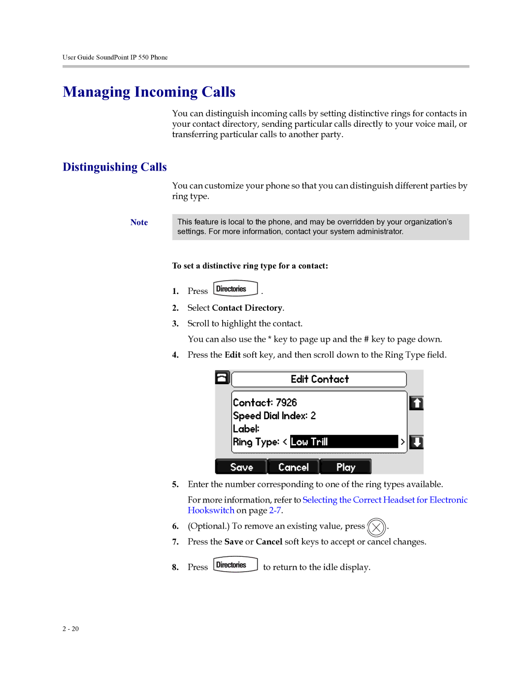 Polycom Soundpoint IP 550 Managing Incoming Calls, Distinguishing Calls, To set a distinctive ring type for a contact 