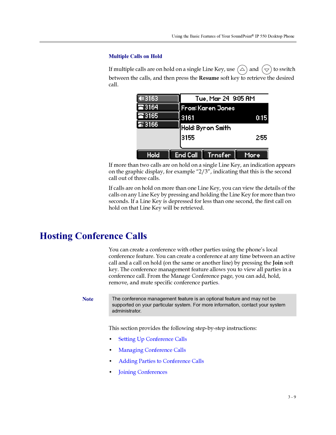 Polycom Soundpoint IP 550 manual Hosting Conference Calls, Multiple Calls on Hold 