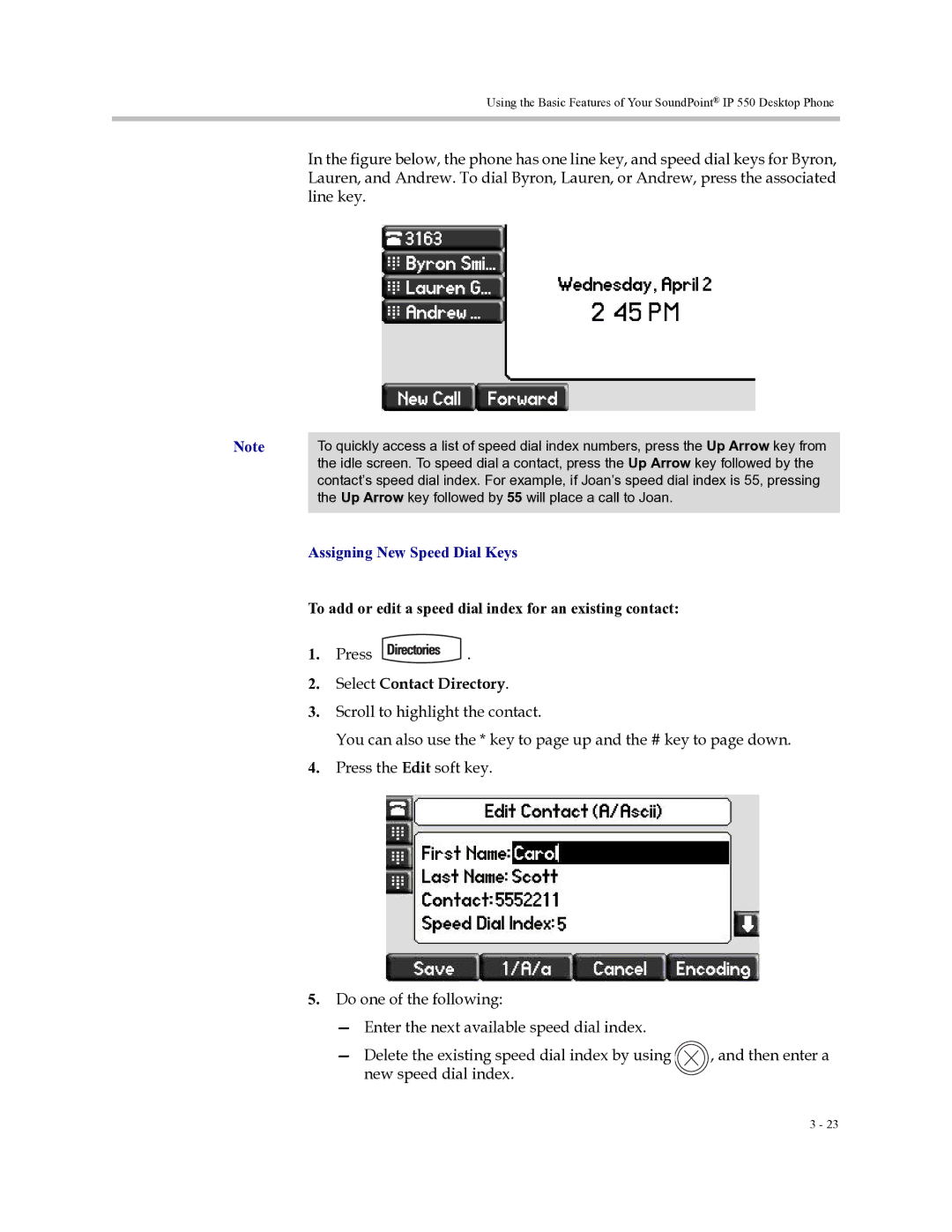 Polycom Soundpoint IP 550 manual Assigning New Speed Dial Keys, To add or edit a speed dial index for an existing contact 