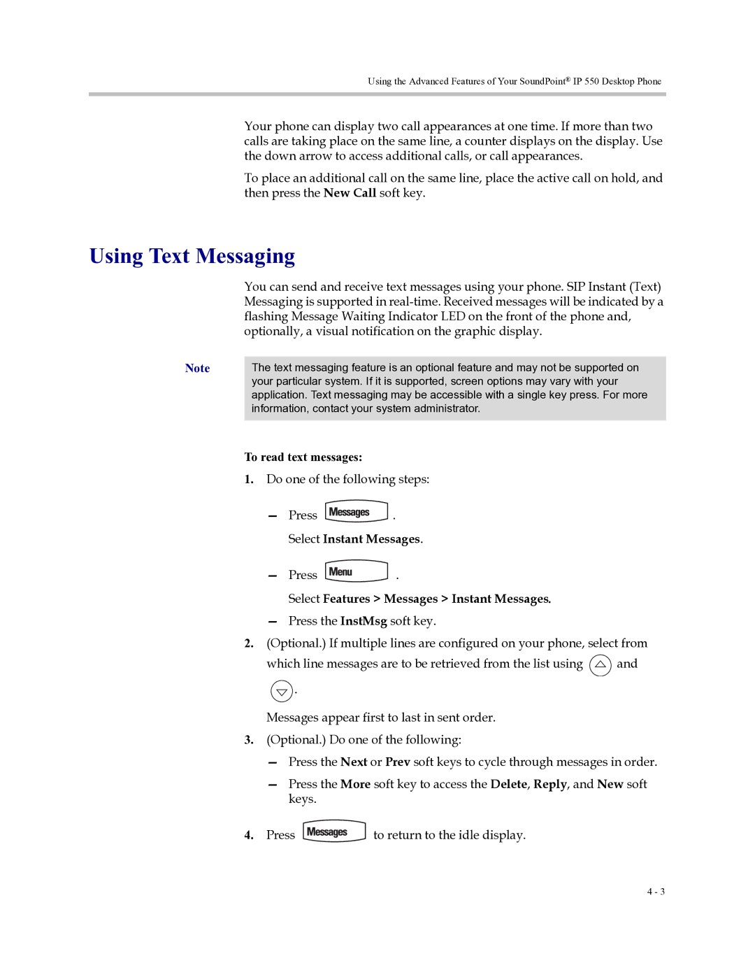 Polycom Soundpoint IP 550 manual Using Text Messaging, To read text messages, Select Features Messages Instant Messages 