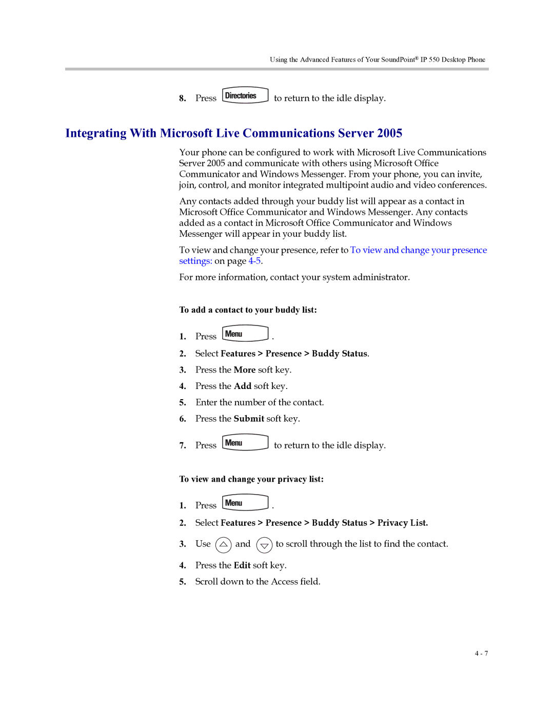 Polycom Soundpoint IP 550 manual Integrating With Microsoft Live Communications Server, To add a contact to your buddy list 