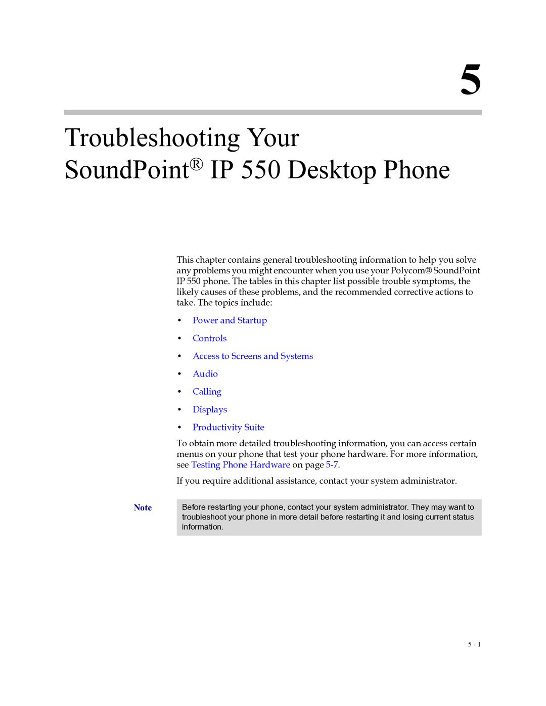 Polycom Soundpoint IP 550 manual Troubleshooting Your SoundPoint IP 550 Desktop Phone 