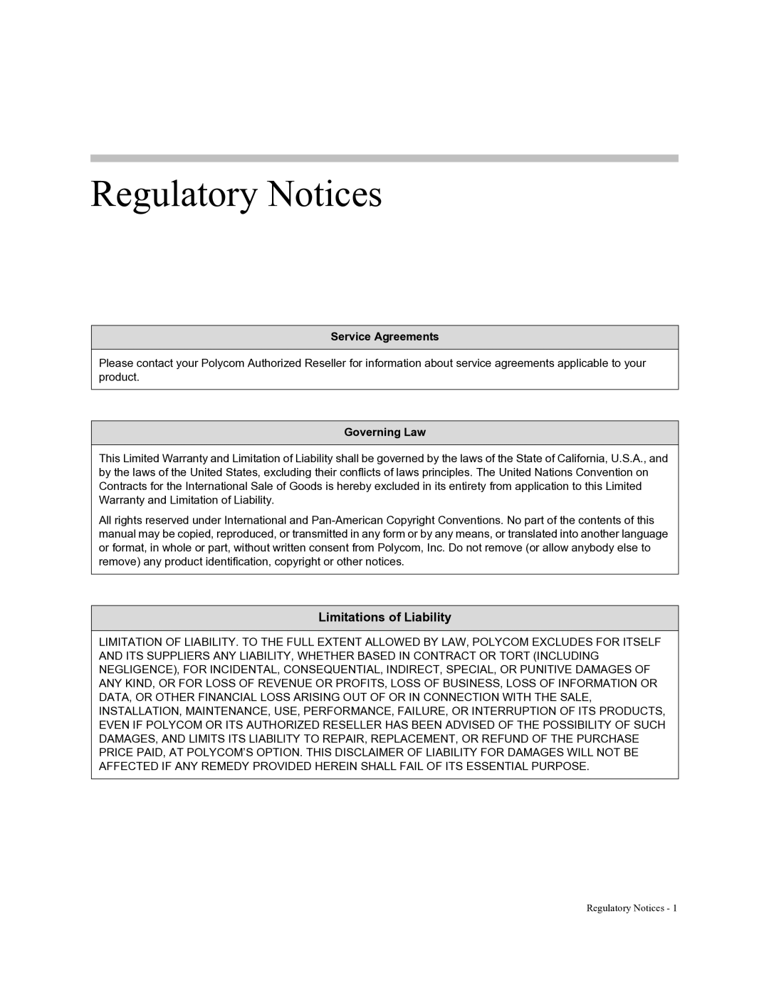 Polycom Soundpoint IP 550 manual Service Agreements, Governing Law 