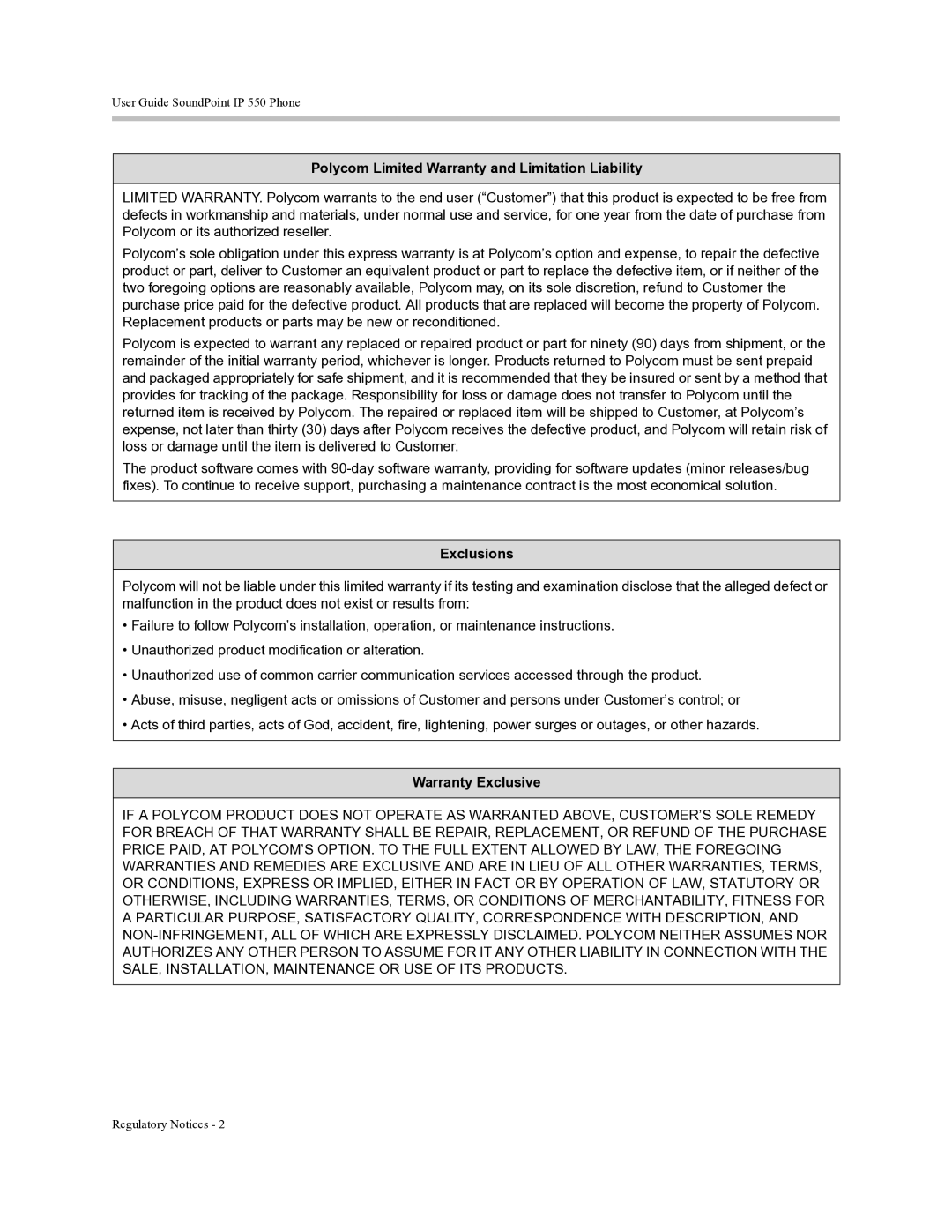 Polycom Soundpoint IP 550 manual Polycom Limited Warranty and Limitation Liability, Exclusions, Warranty Exclusive 