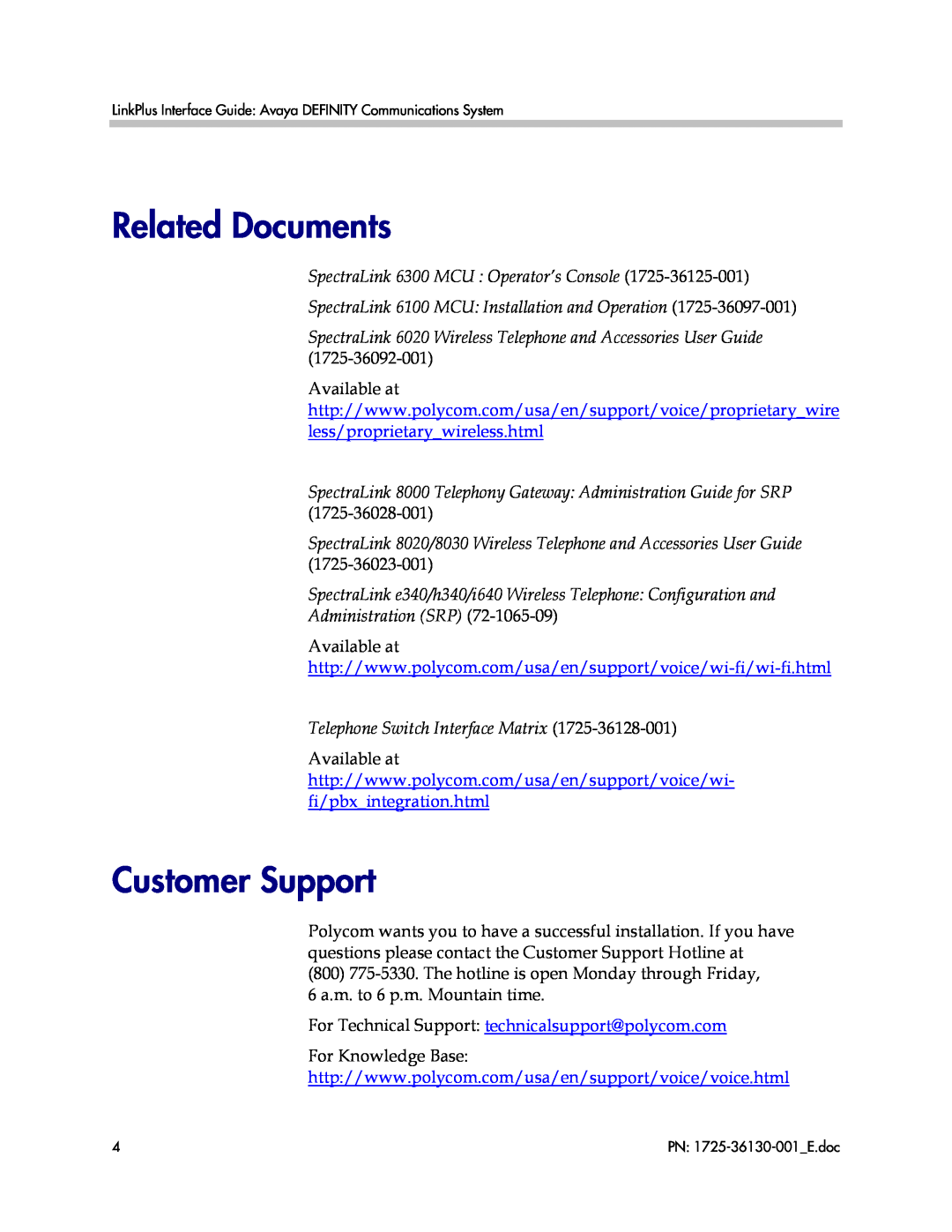 Polycom 1725-361300-001, SPECTRALINK 8000 manual Related Documents, Customer Support, Available at, For Knowledge Base 