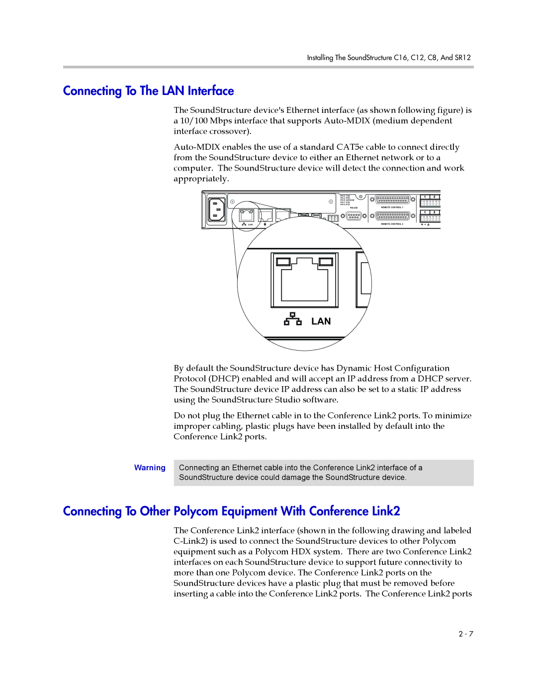 Polycom C12, SR12, C16, C8 manual Connecting To The LAN Interface, Connecting To Other Polycom Equipment With Conference Link2 