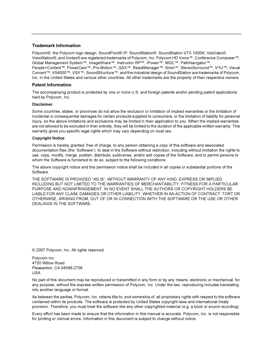 Polycom C16, SR12, C12, C8 manual Trademark Information 