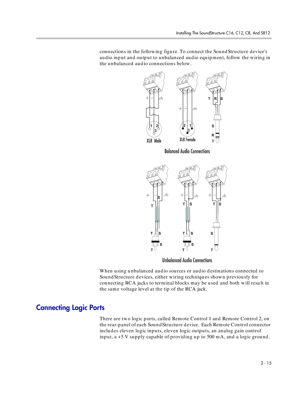 Polycom C12, SR12, C16, C8 manual Connecting Logic Ports, Balanced Audio Connections Unbalanced Audio Connections 