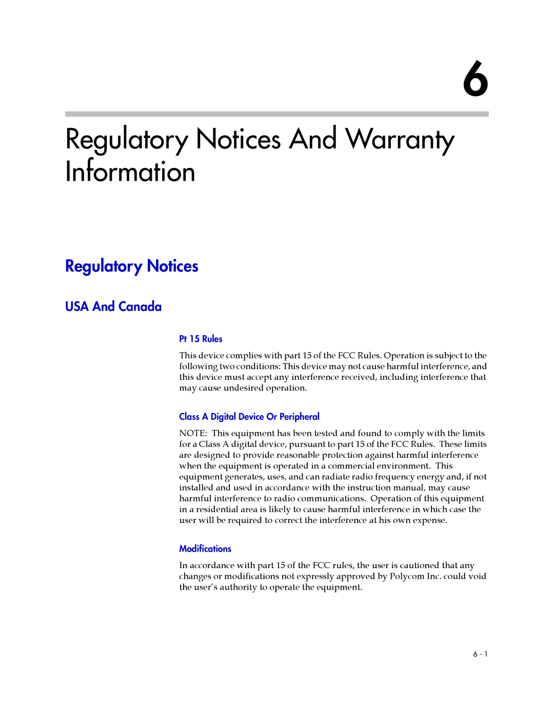 Polycom C12, SR12, C16, C8 manual Regulatory Notices, USA And Canada 