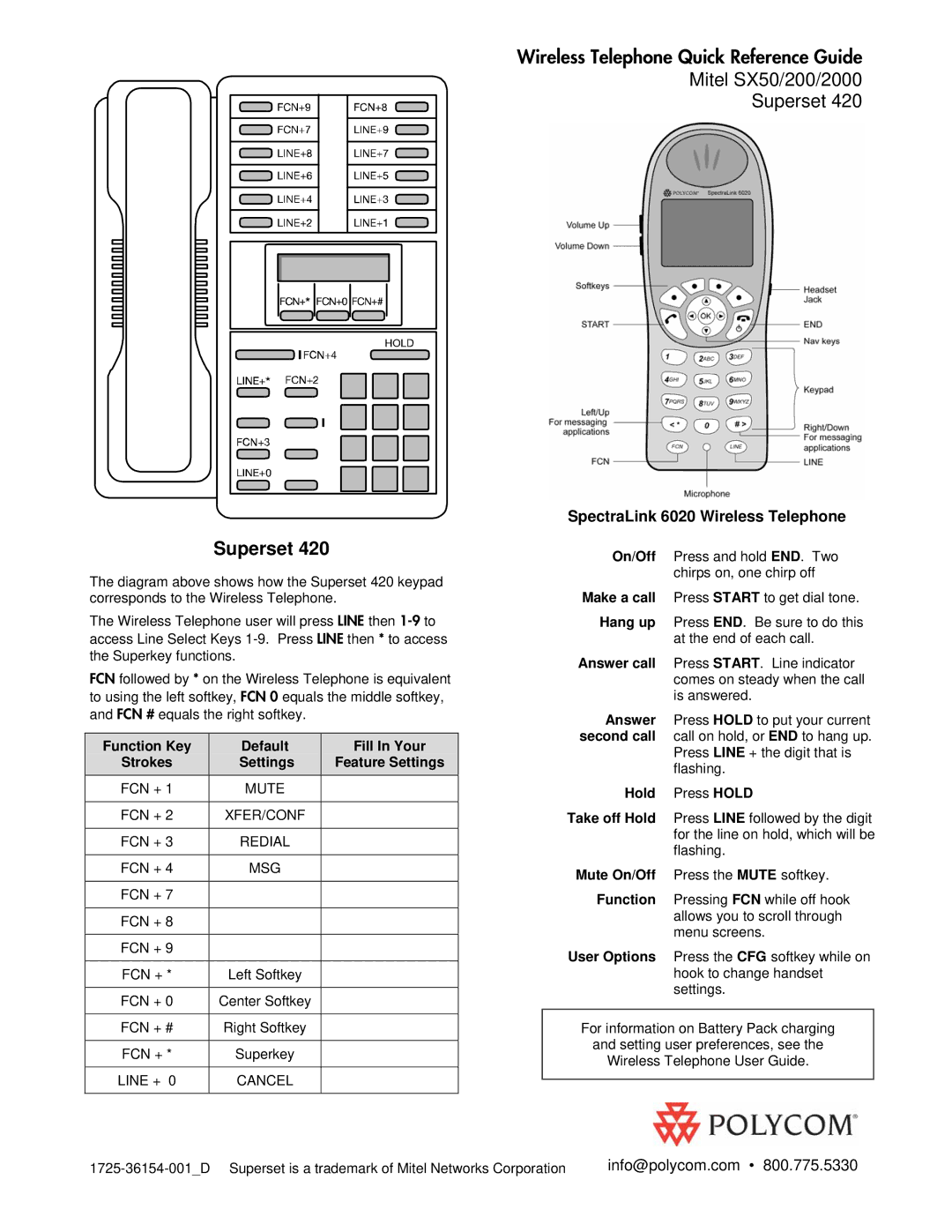 Polycom SX-2000 manual Superset, SpectraLink 6020 Wireless Telephone, Function Key Default Fill In Your, Hold Press Hold 