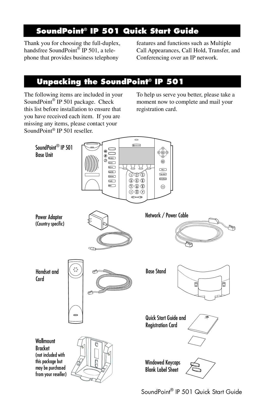 Polycom Telephone warranty SoundPoint IP 501 Quick Start Guide, Unpacking the SoundPoint IP 