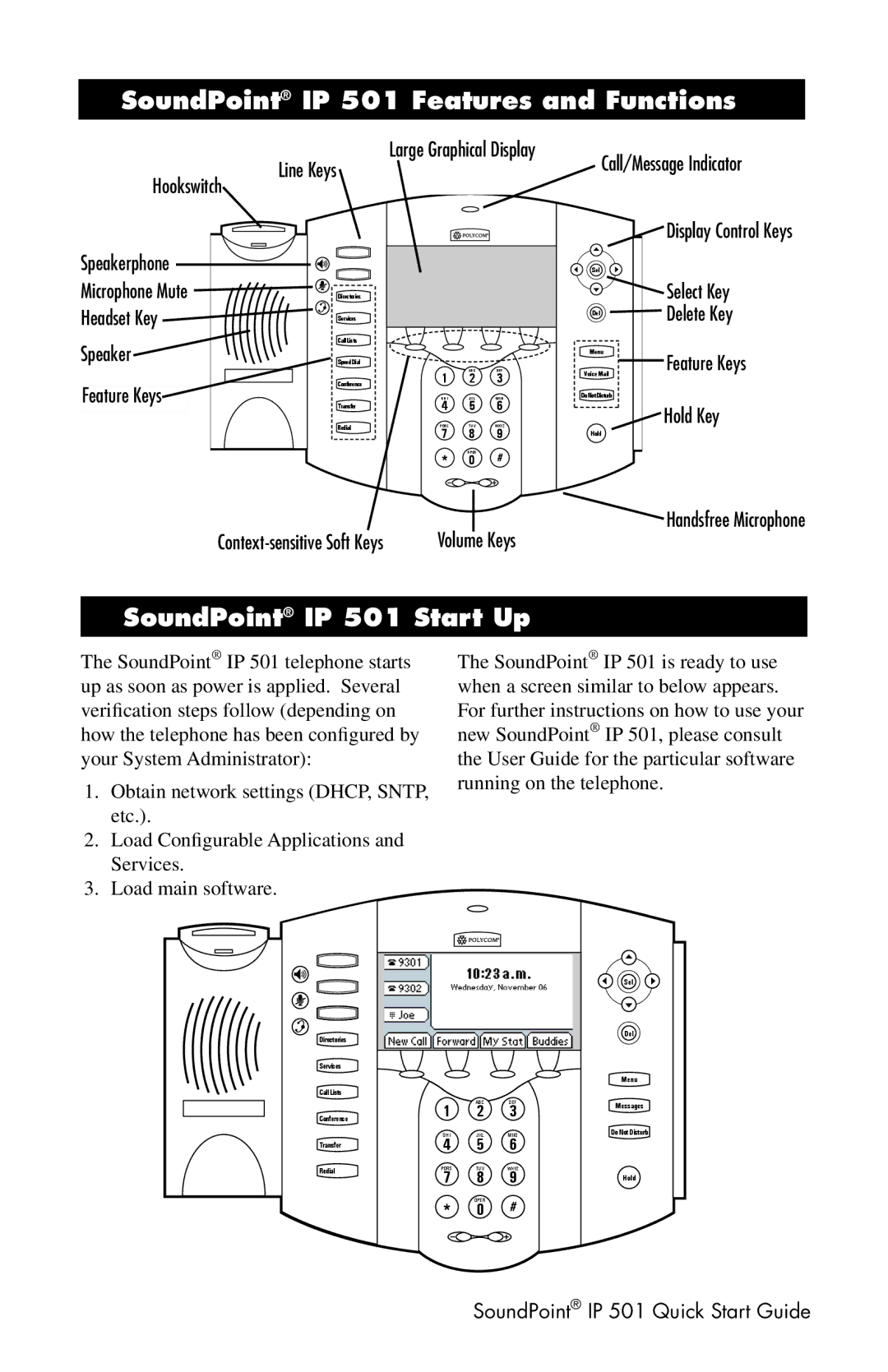 Polycom Telephone warranty SoundPoint IP 501 Features and Functions, SoundPoint IP 501 Start Up 