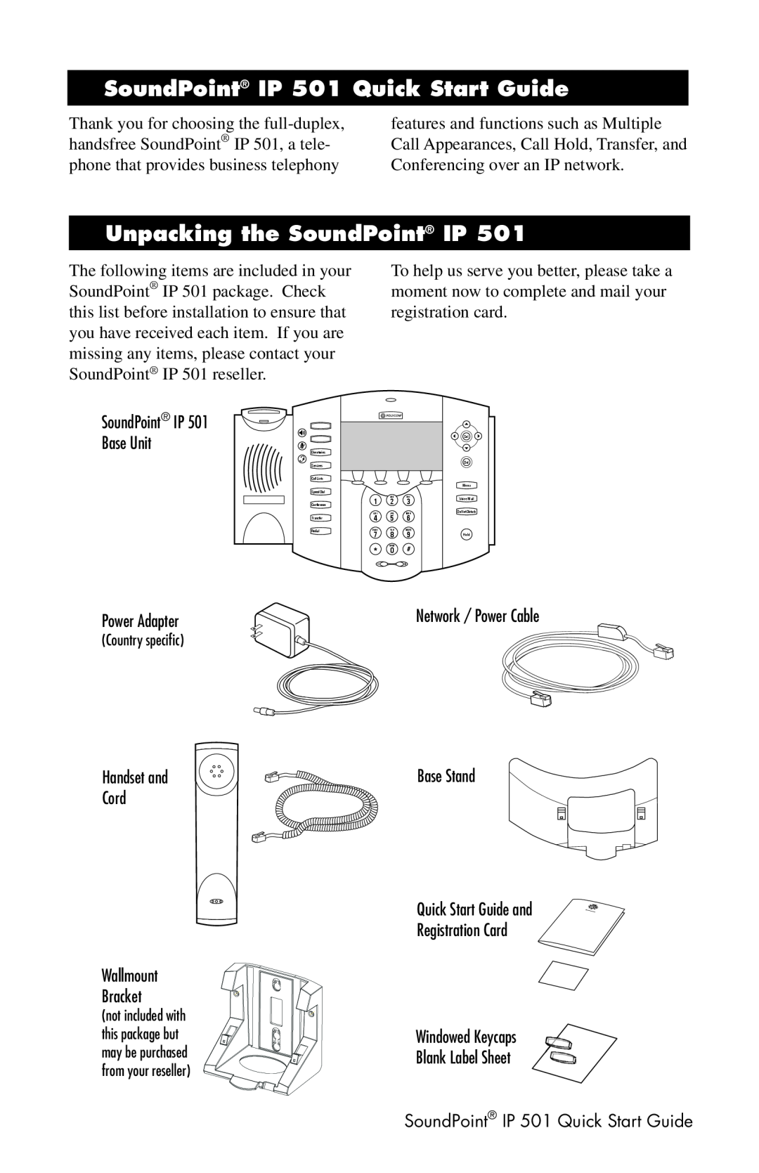 Polycom Telephone warranty SoundPoint IP 501 Quick Start Guide, Unpacking the SoundPoint IP, Power Adapter 