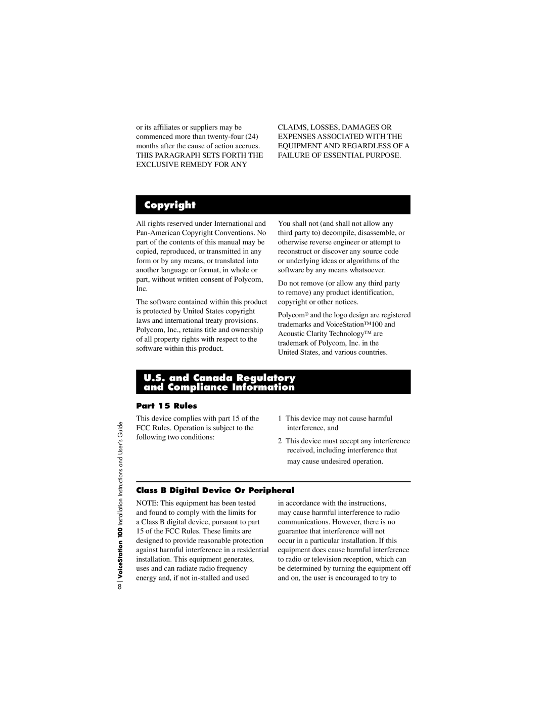 Polycom TM 100 installation instructions Copyright, Canada Regulatory and Compliance Information, Part 15 Rules 