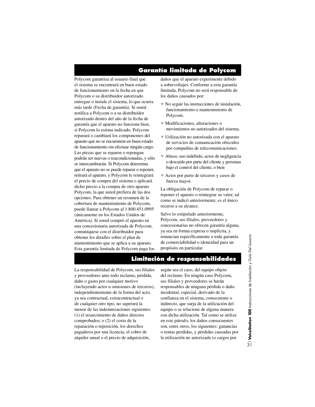 Polycom TM 100 installation instructions Garantía limitada de Polycom, Limitación de responsabilidades 