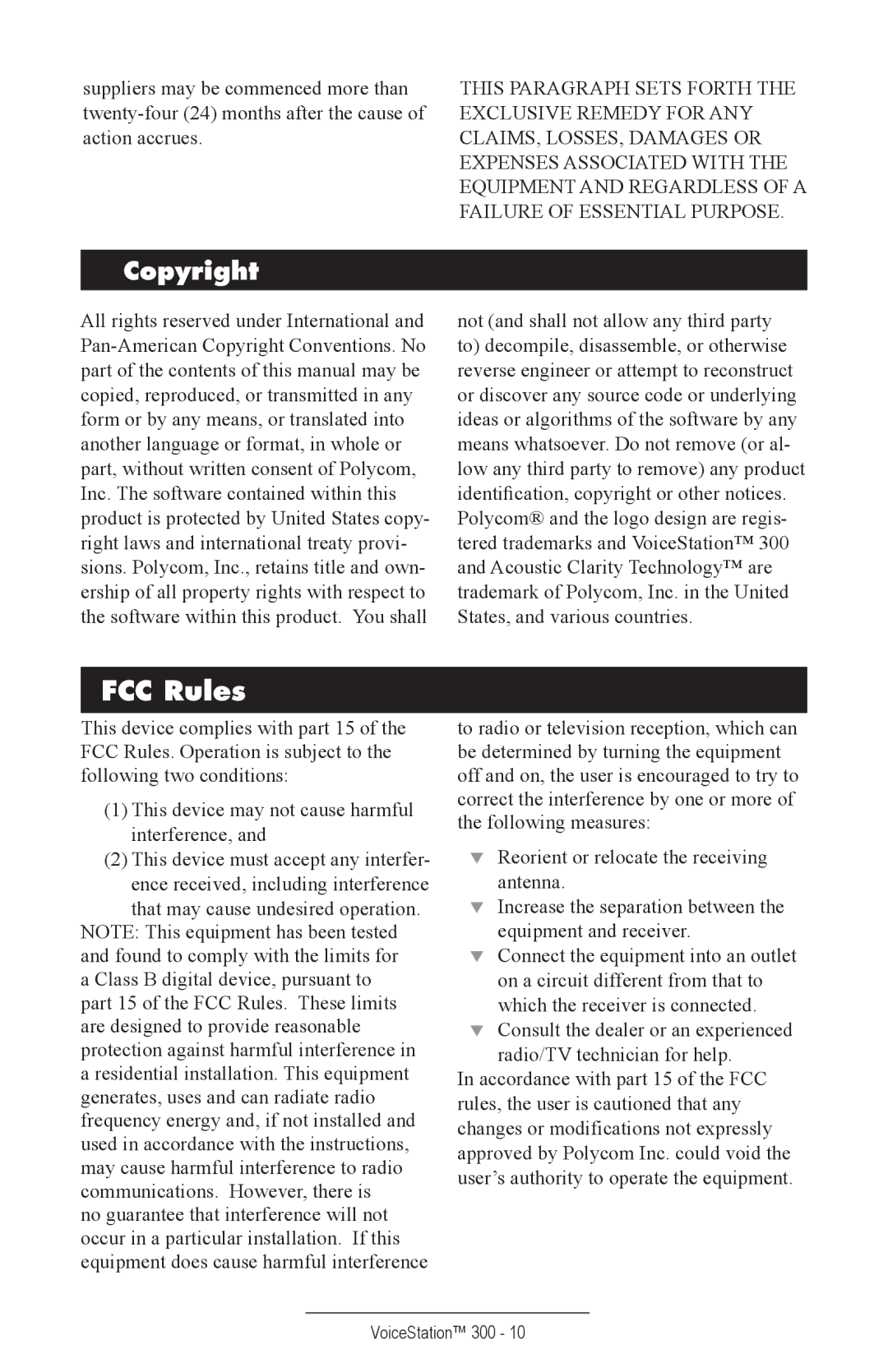 Polycom TM300 manual FCC Rules, Copyright 