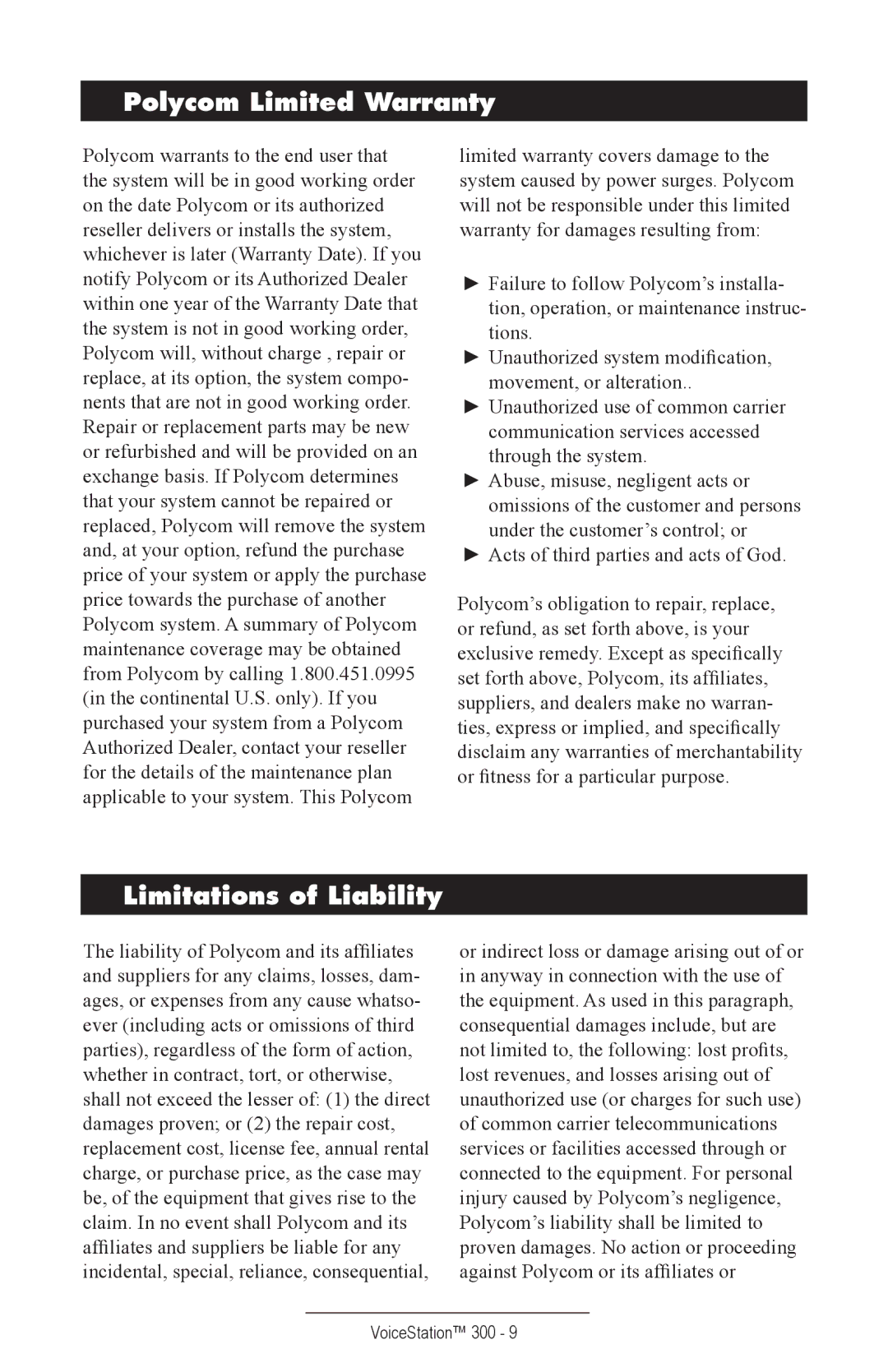 Polycom TM300 manual Polycom Limited Warranty, Limitations of Liability 