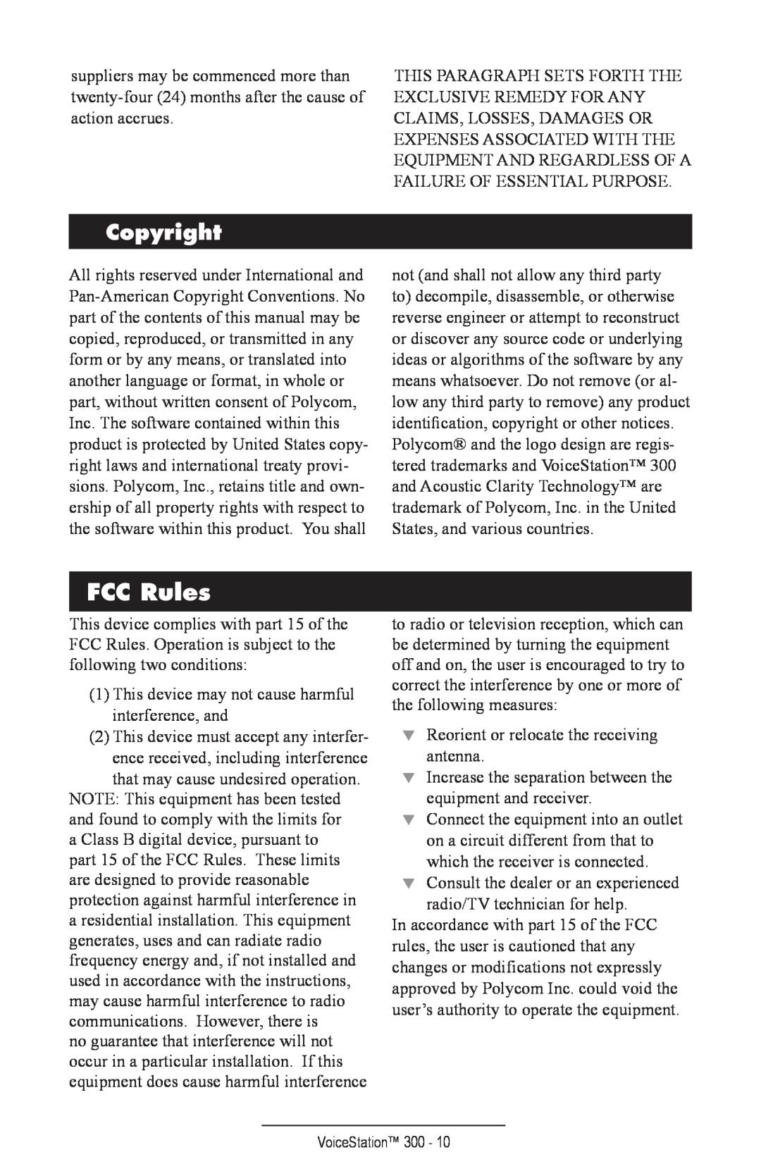 Polycom TM300 manual Copyright, FCC Rules 