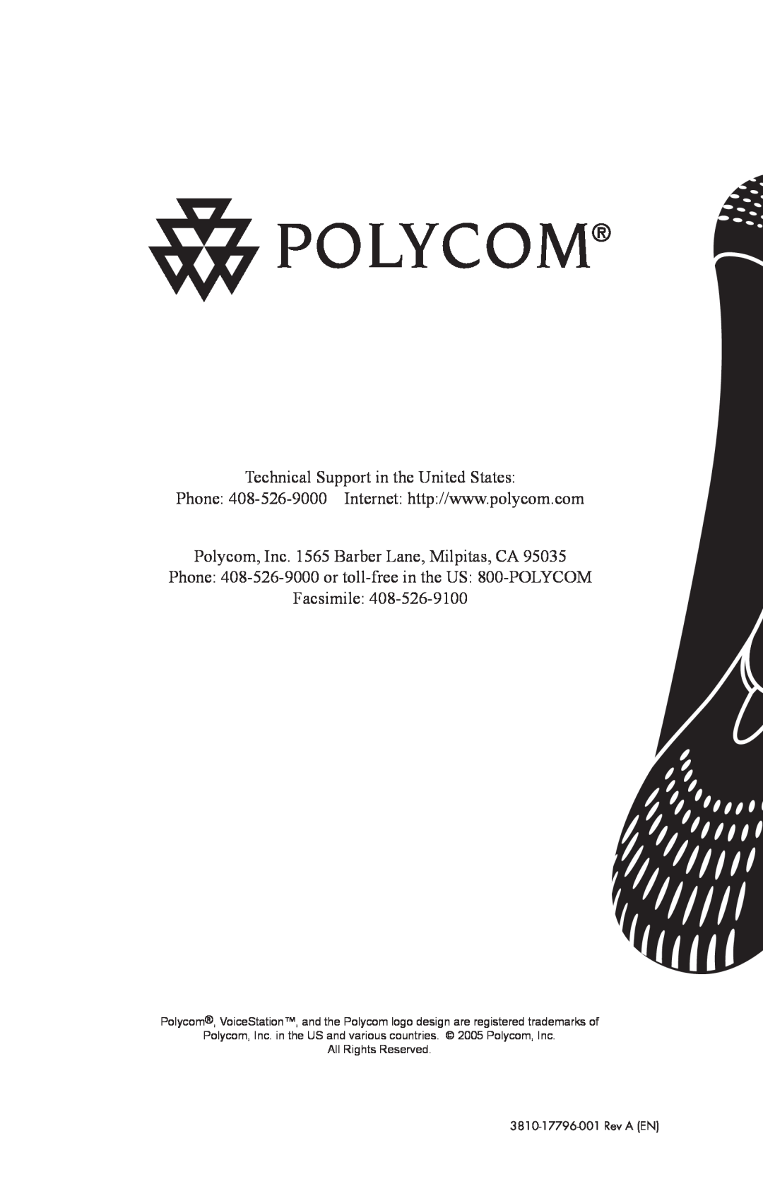 Polycom TM300 manual Technical Support in the United States, Polycom, Inc. 1565 Barber Lane, Milpitas, CA, Facsimile 